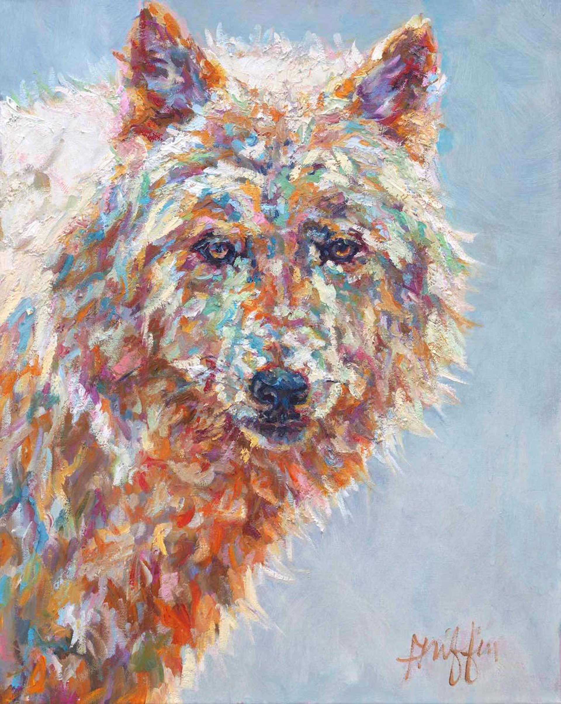 Original Oil Painting Featuring An Impressionist Wolf Head With Blue Background