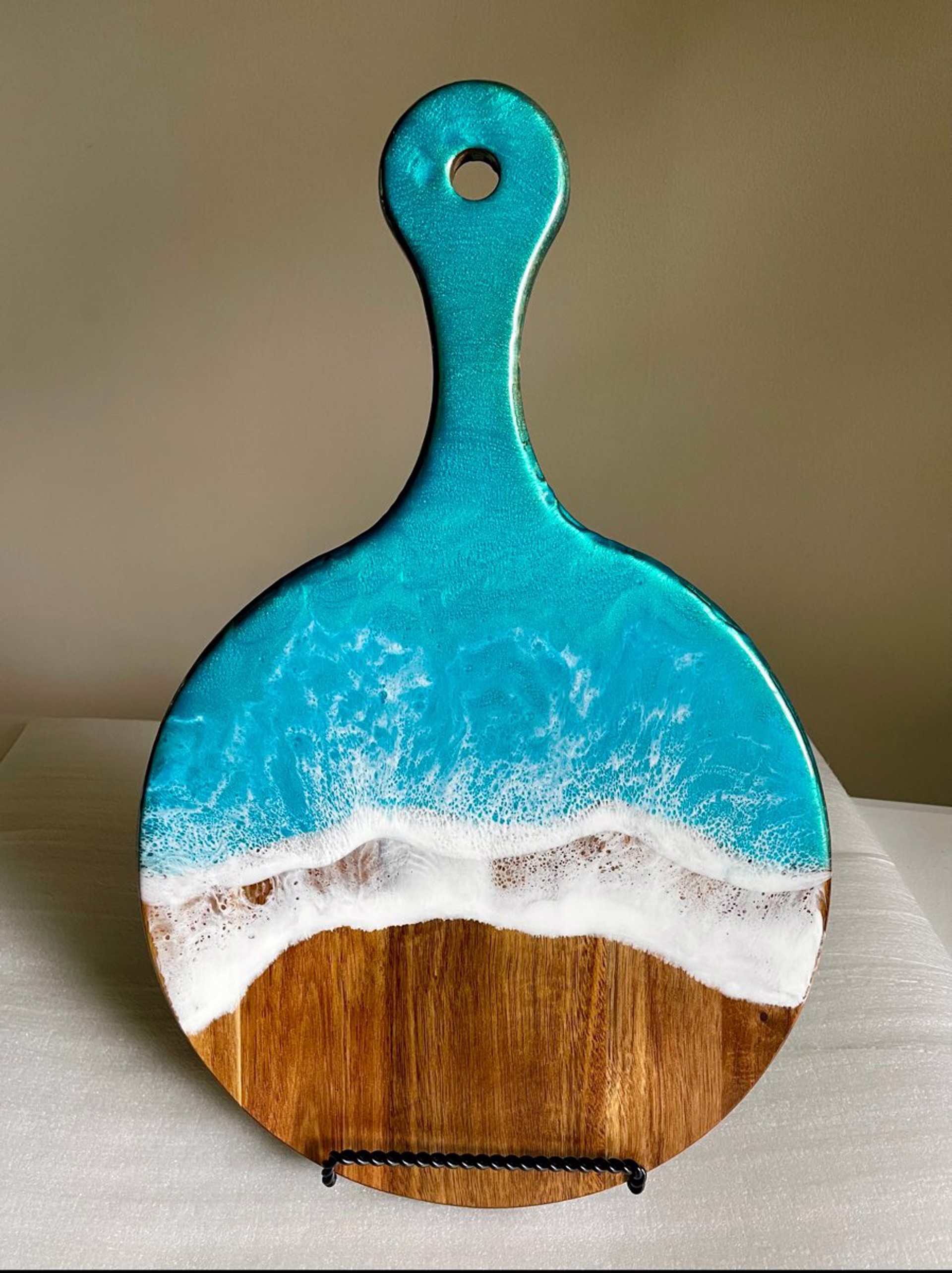 Round Teal Resin and Wood Charcuterie Board MDM22-19 by Mary Duke McCartt