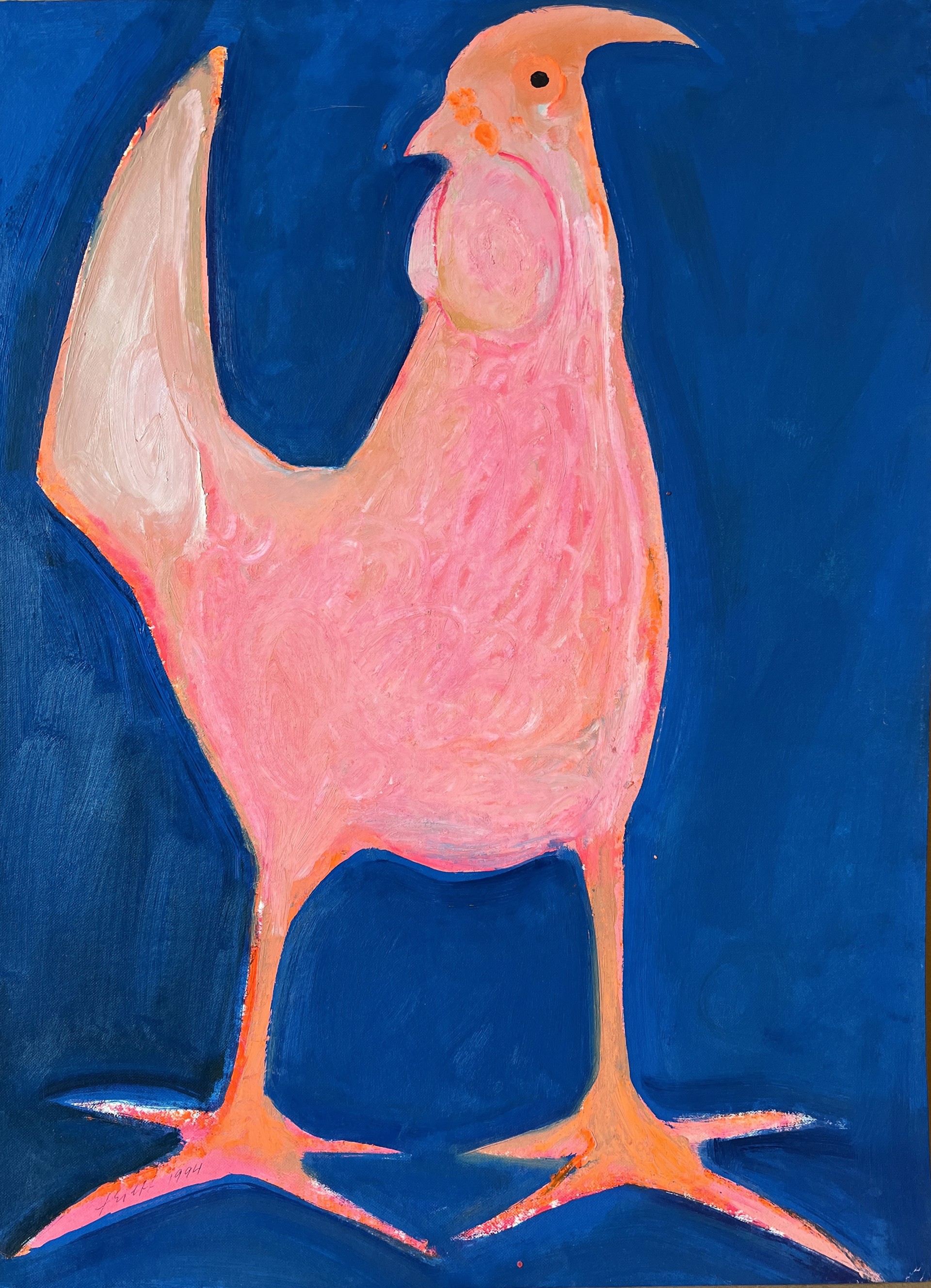 Pink Chicken on Blue by Selina Trieff