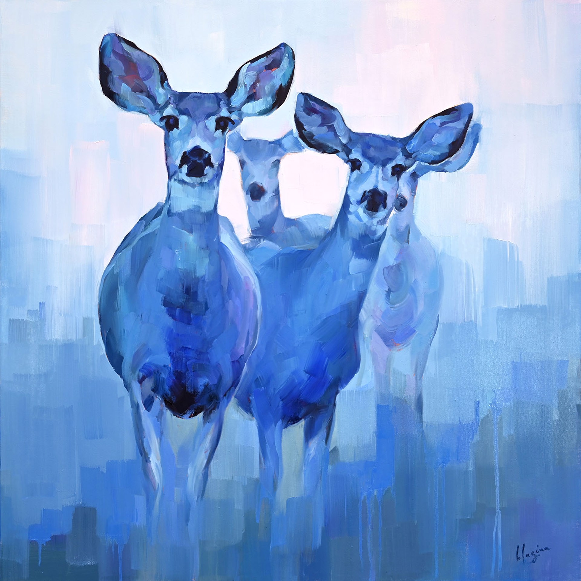 Original Oil Painting Featuring Blue Tinted Mule Deer On Blue Abstract Background