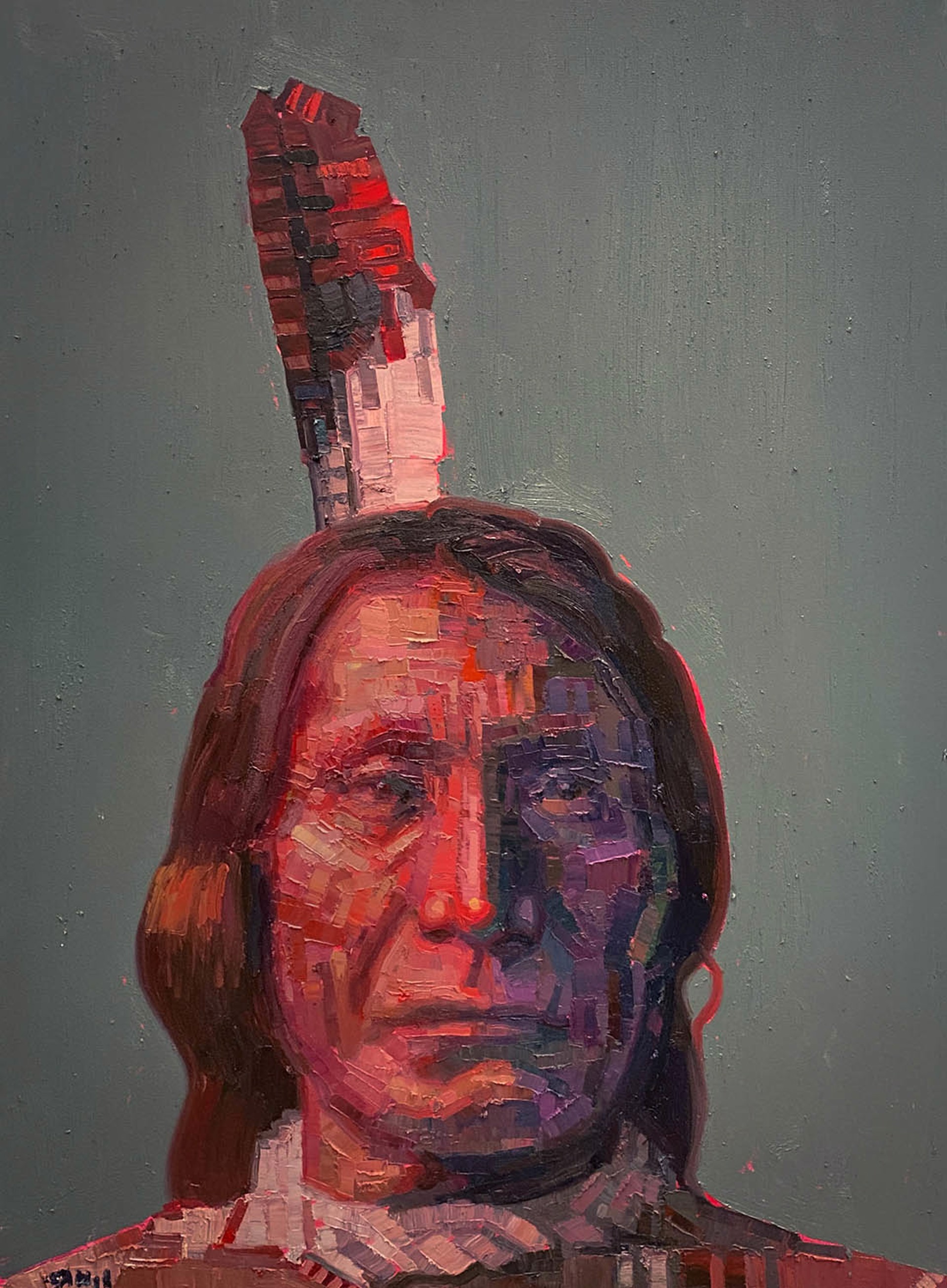 Original Oil Painting By Aaron Hazel Featuring A Native Portrait Over Teal Background