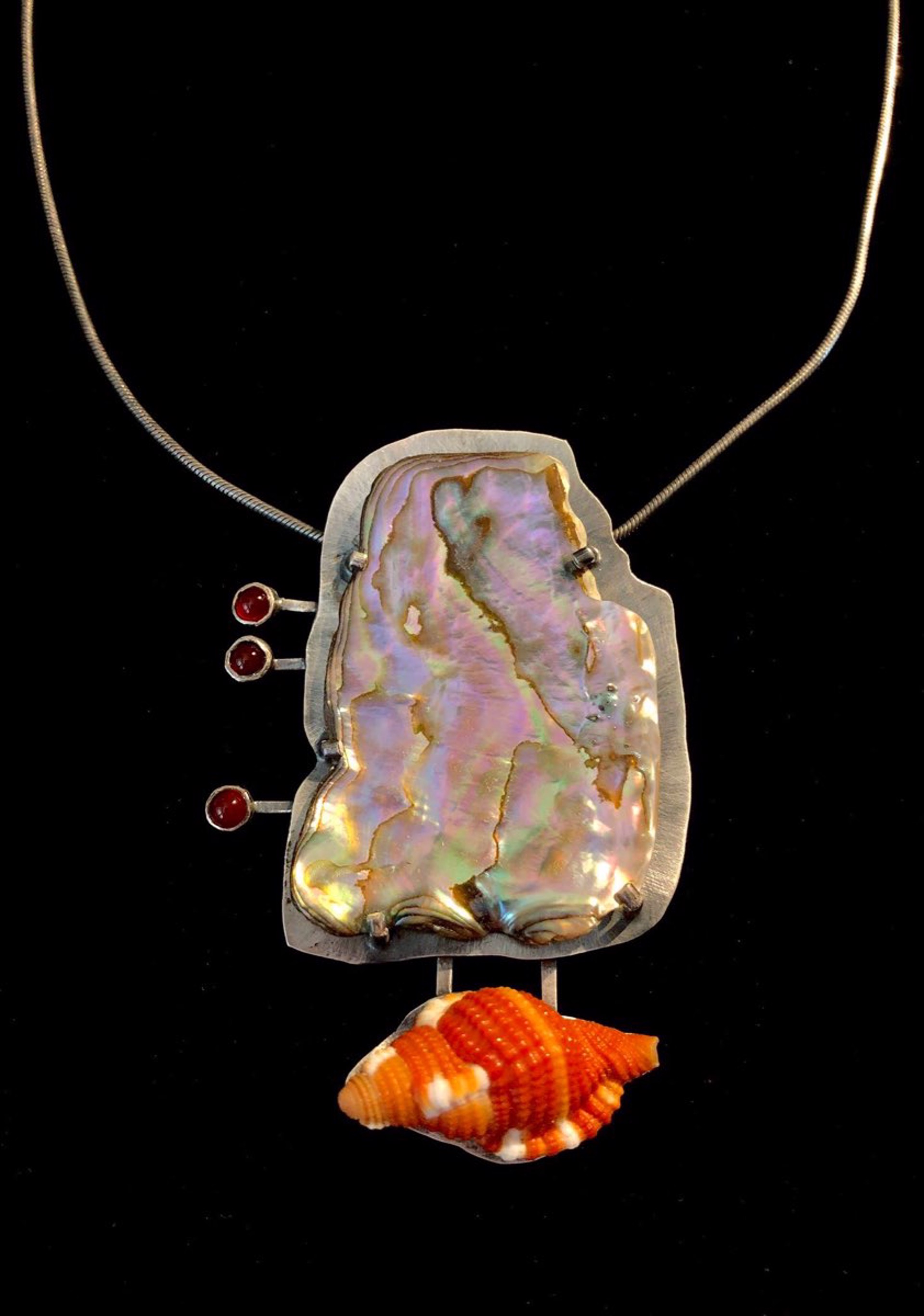 Abelony, Carnelian, Shell, and Sterling Silver Necklace by Anne Rob