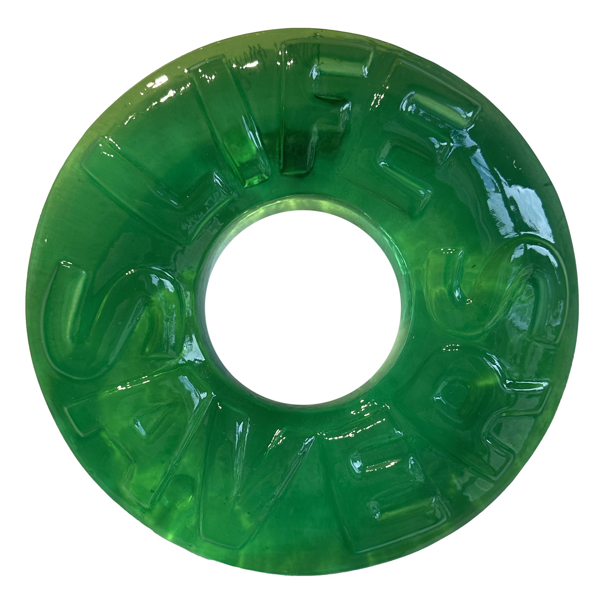 A wall sculpture of a green Life Saver candy by Daniel Meyer