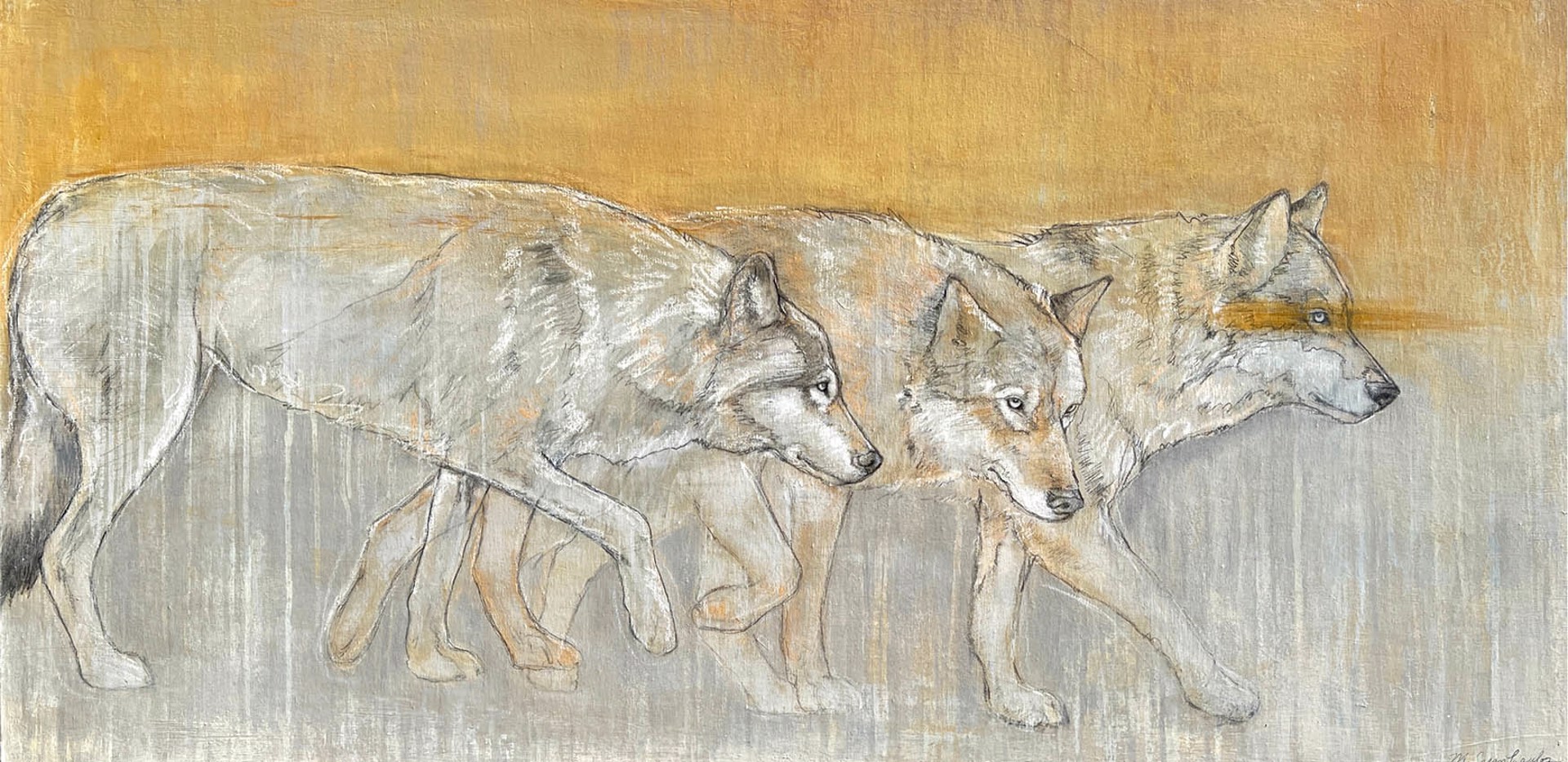 Original Mixed Media Artwork Featuring Three Walking Wolves Sketched On Top Of Colorblock Abstract Yellow And Grey Background