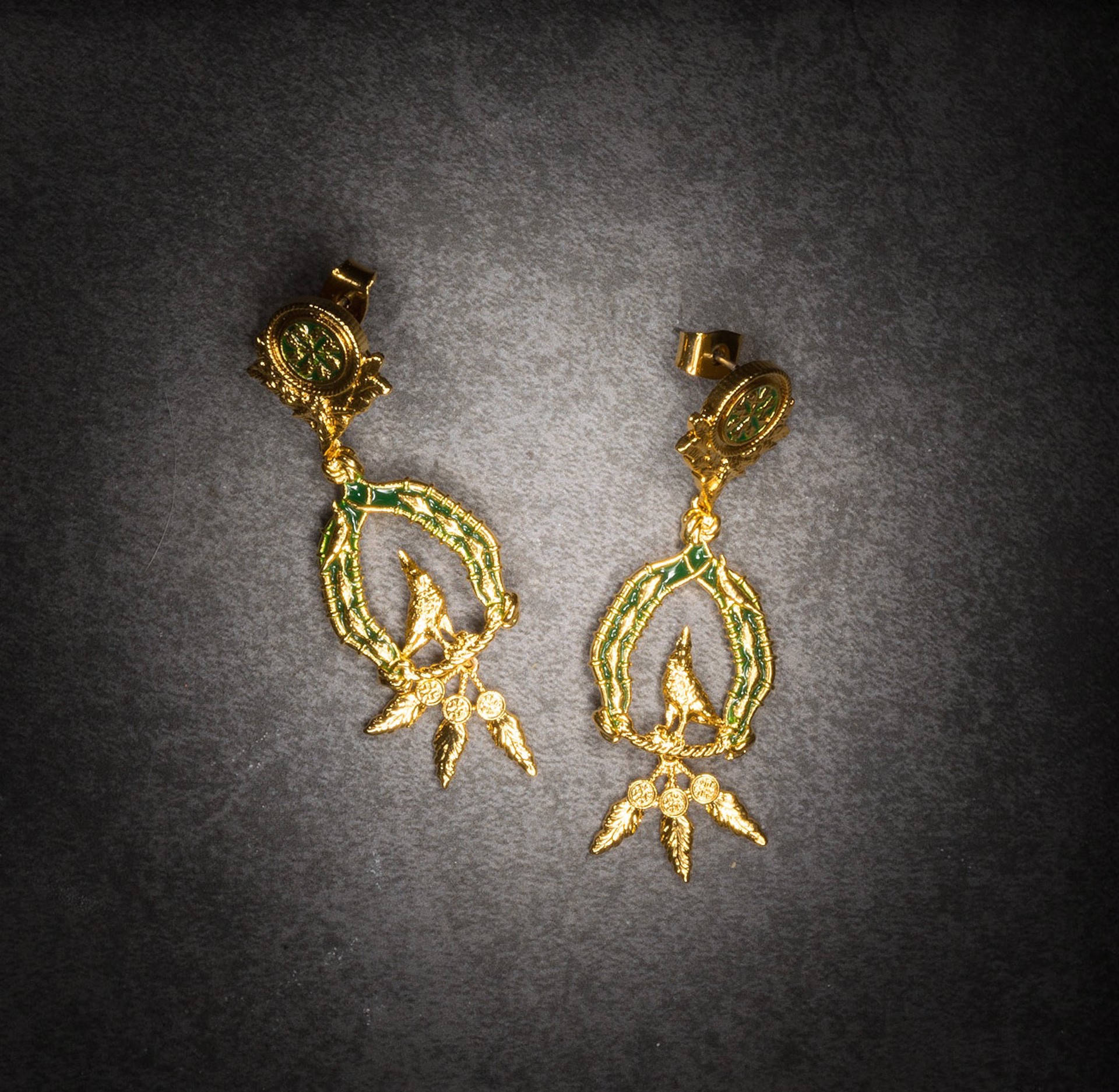 Vigor Earrings with Feathers - Gold and Green by Angela Mia