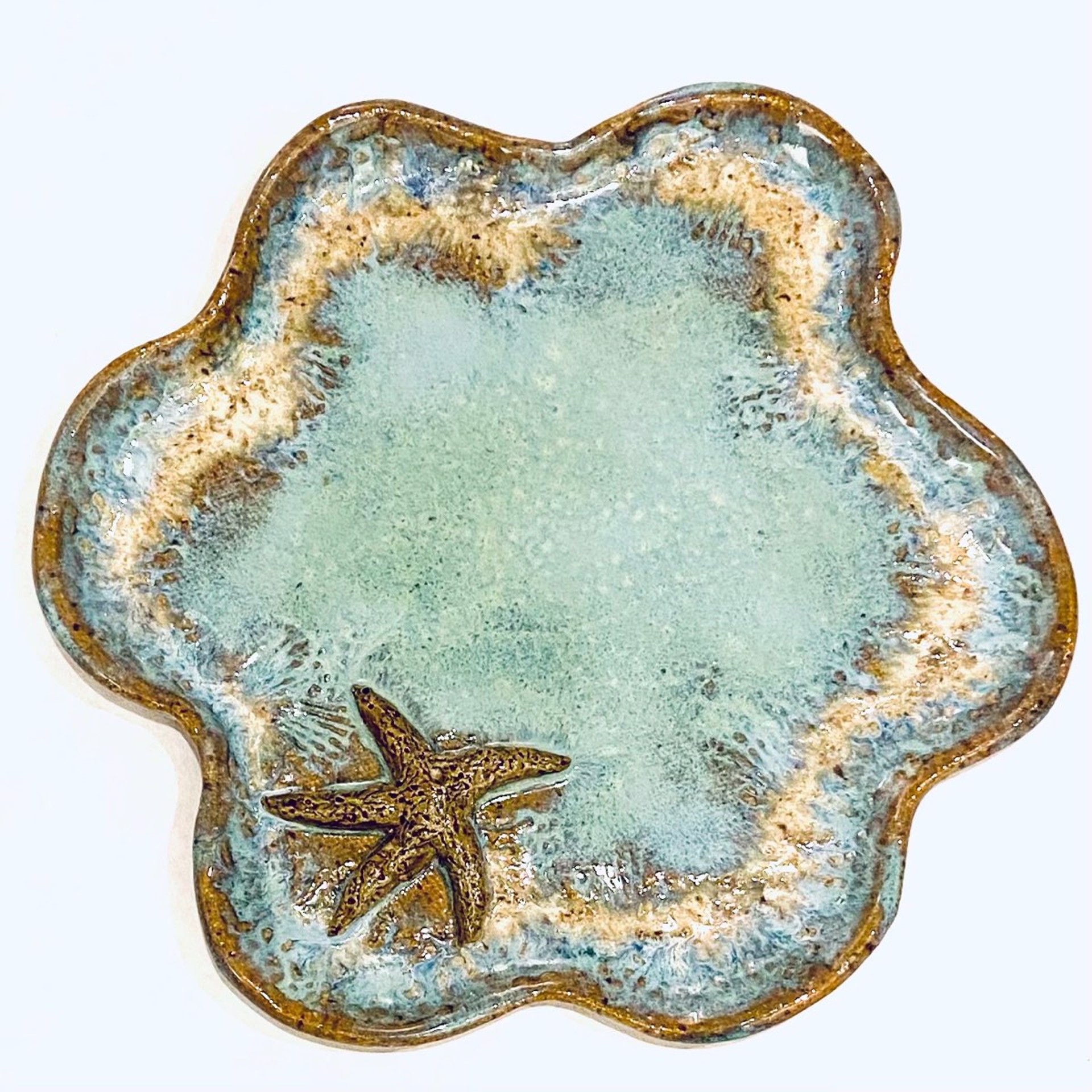 Logan22-841  Small Plate with Starfish (Green Glaze) by Jim & Steffi Logan