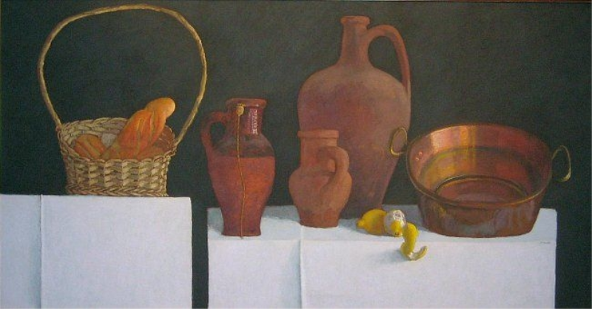 A still life paintings showing a carefully spaced group of objects, from left to right, a wicker basked with loaves of French bread, three earthenware vessels of different sizes, a partially pealed lemon, and a copper basin