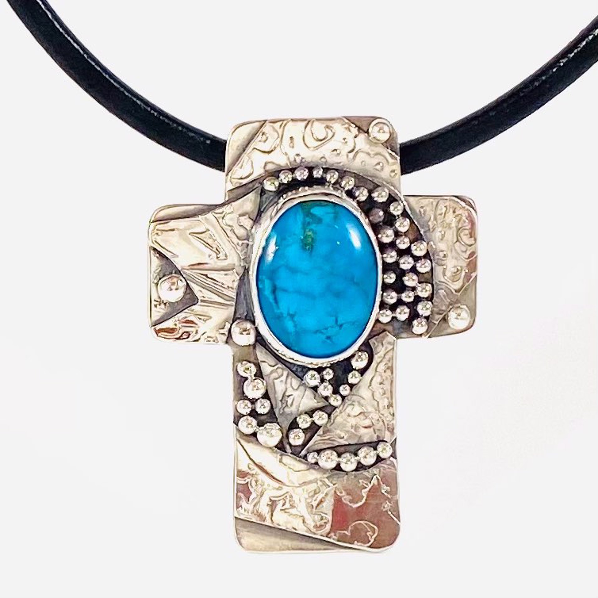 Oval Morenci Turquoise on Silver Cross with bead accent 18" Leather Necklace AB23-92 by Anne Bivens