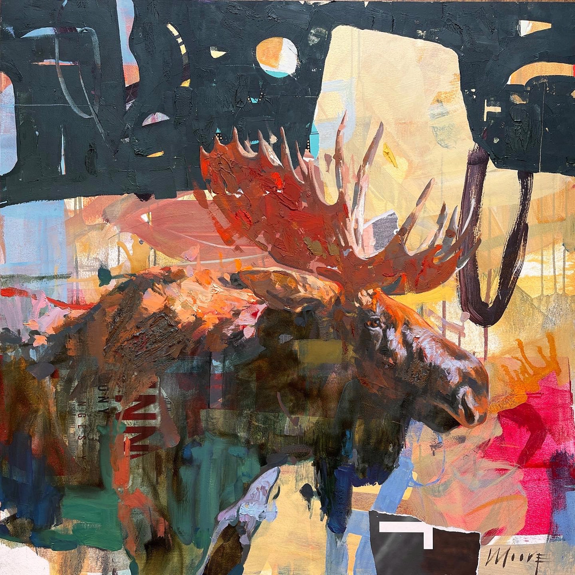 Original Mixed Media Painting Featuring A Moose And Abstract Colorful Background With Collage