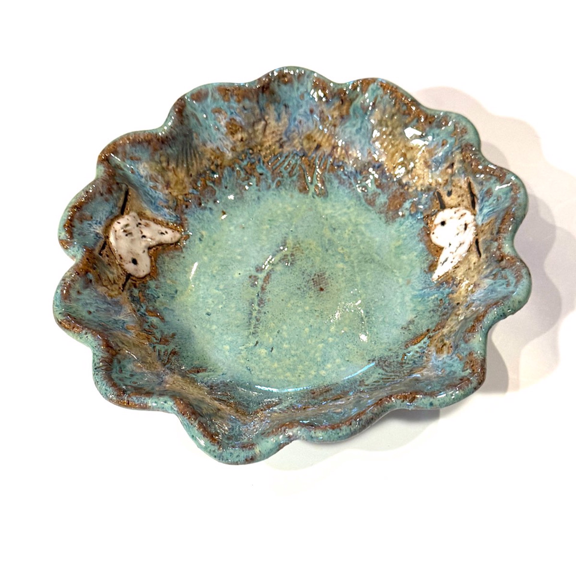 Round Scalloped Bowl with Two Sandpiper (Green Glaze) LG23-1189 by Jim & Steffi Logan