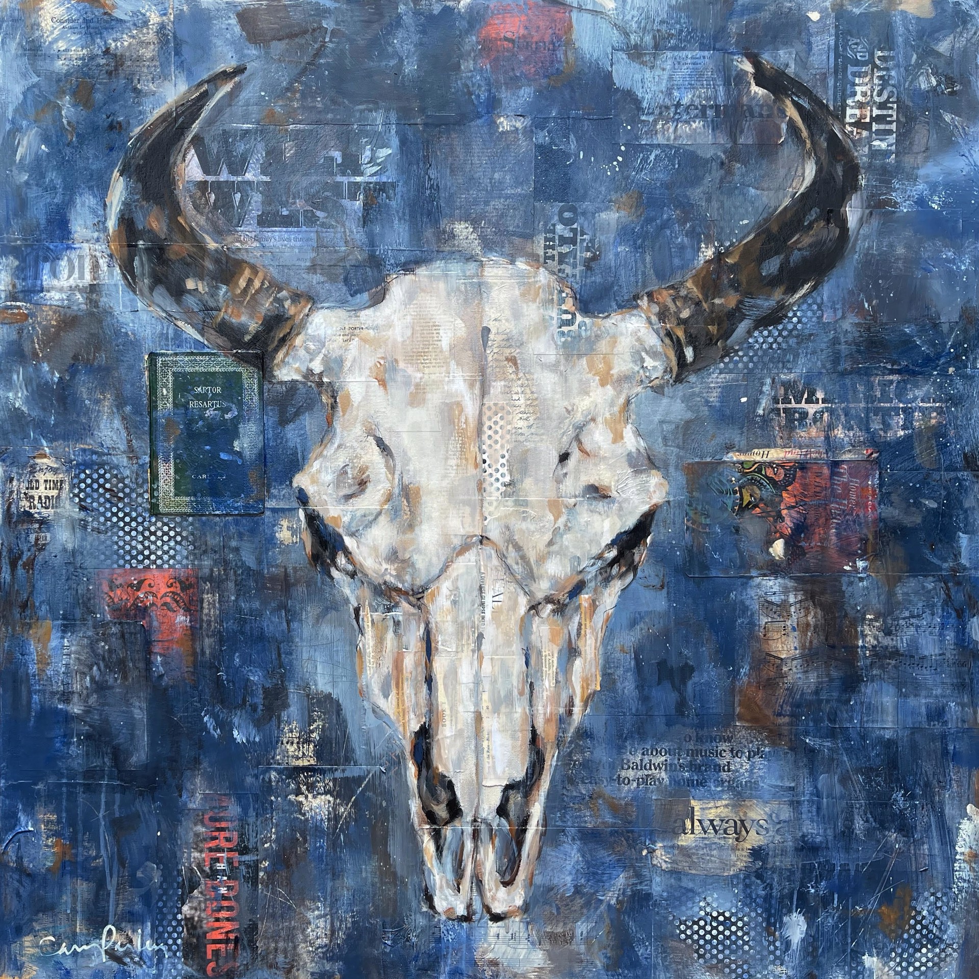 Original Artwork Of A Bison Skull On A Blue Collage Background, By Artist Carrie Penley