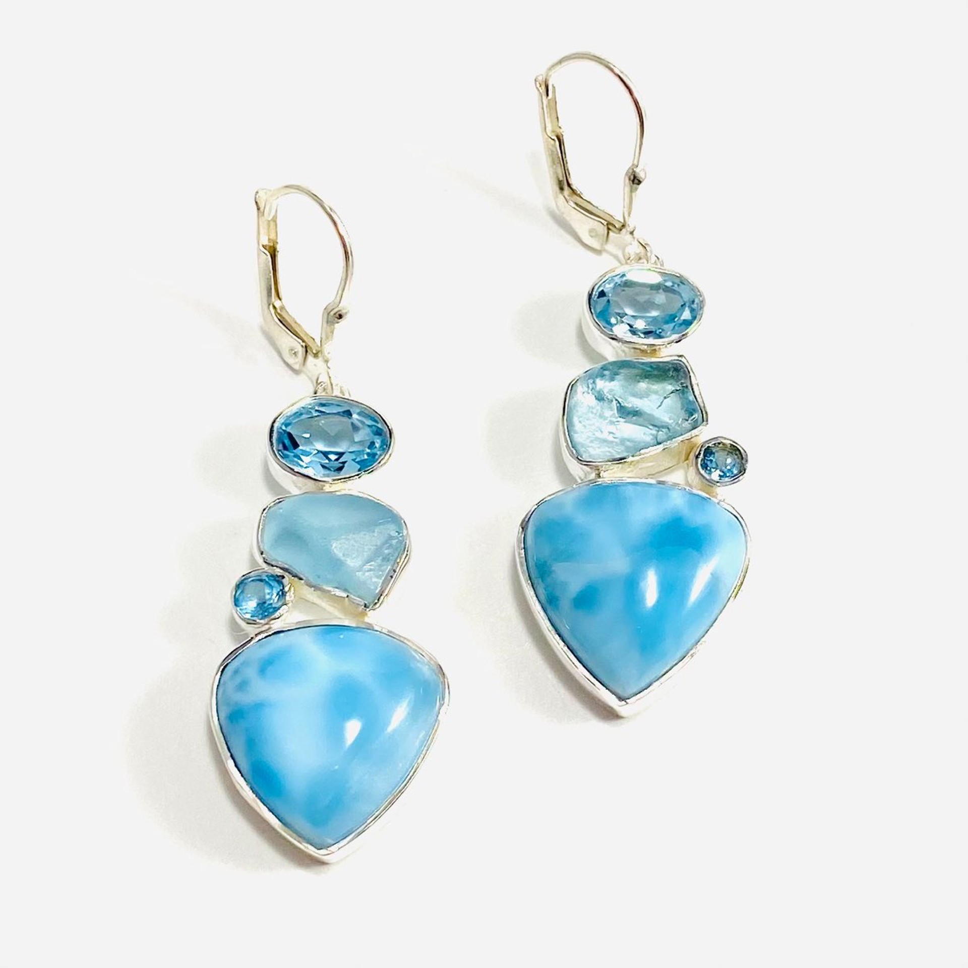 Larimar, Rough and Faceted Blue Topaz Earrings by Monica Mehta