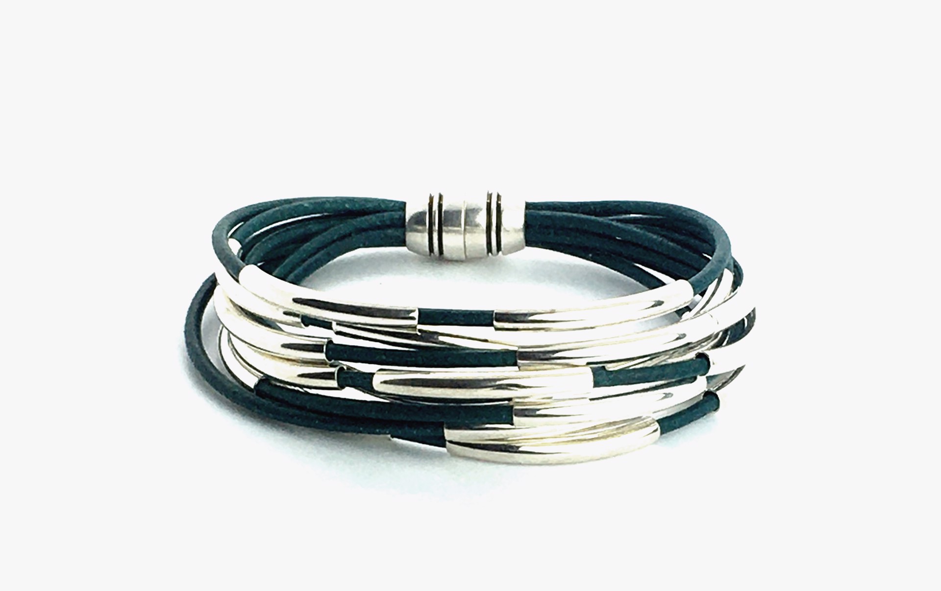 Bracelet-Teal Leather, Silver Beads by Suzanne Woodworth