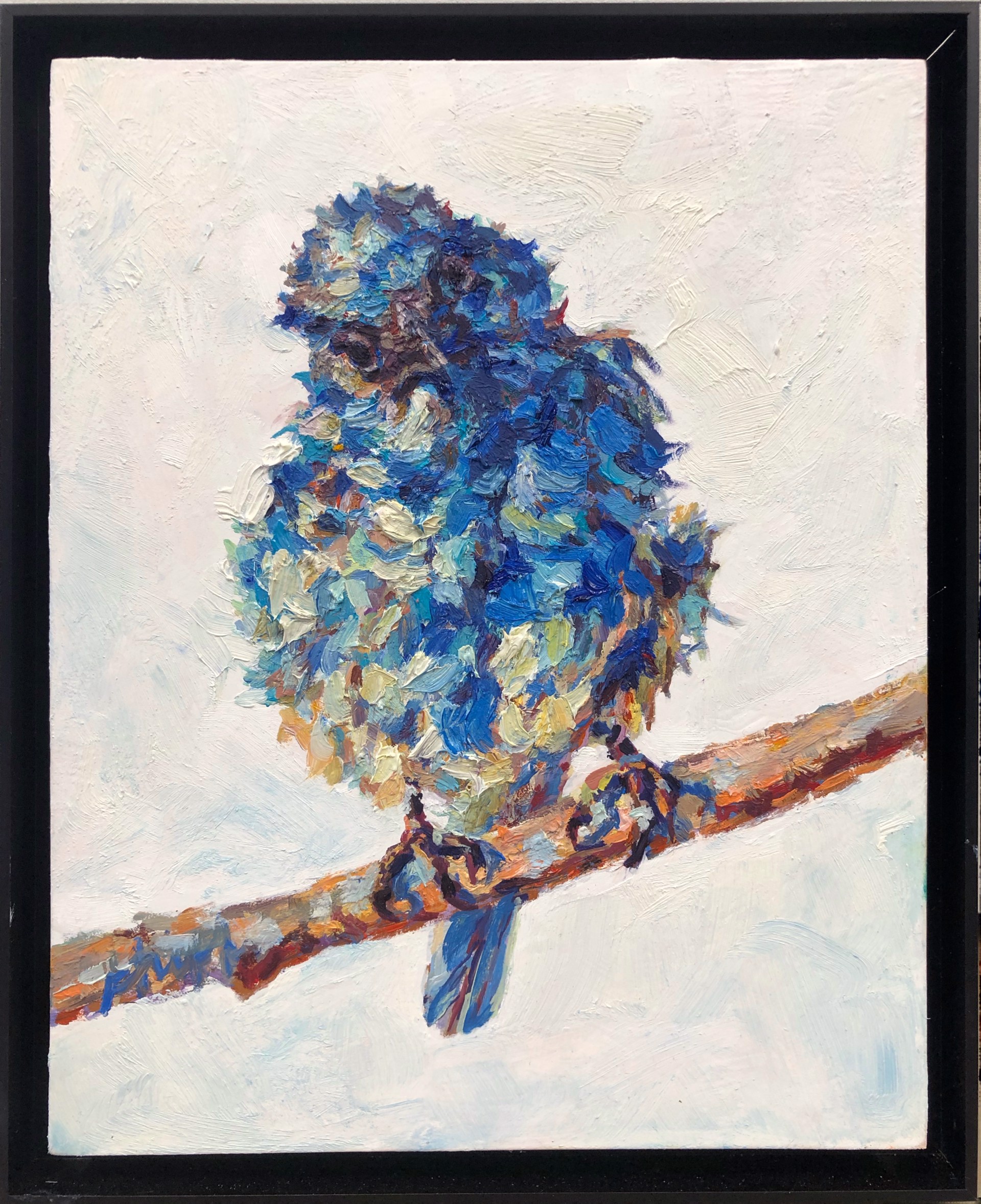 A Contemporary Oil Painting Of A Male Mountain Blue Bird Perched On A Branch, By Patricia Griffin