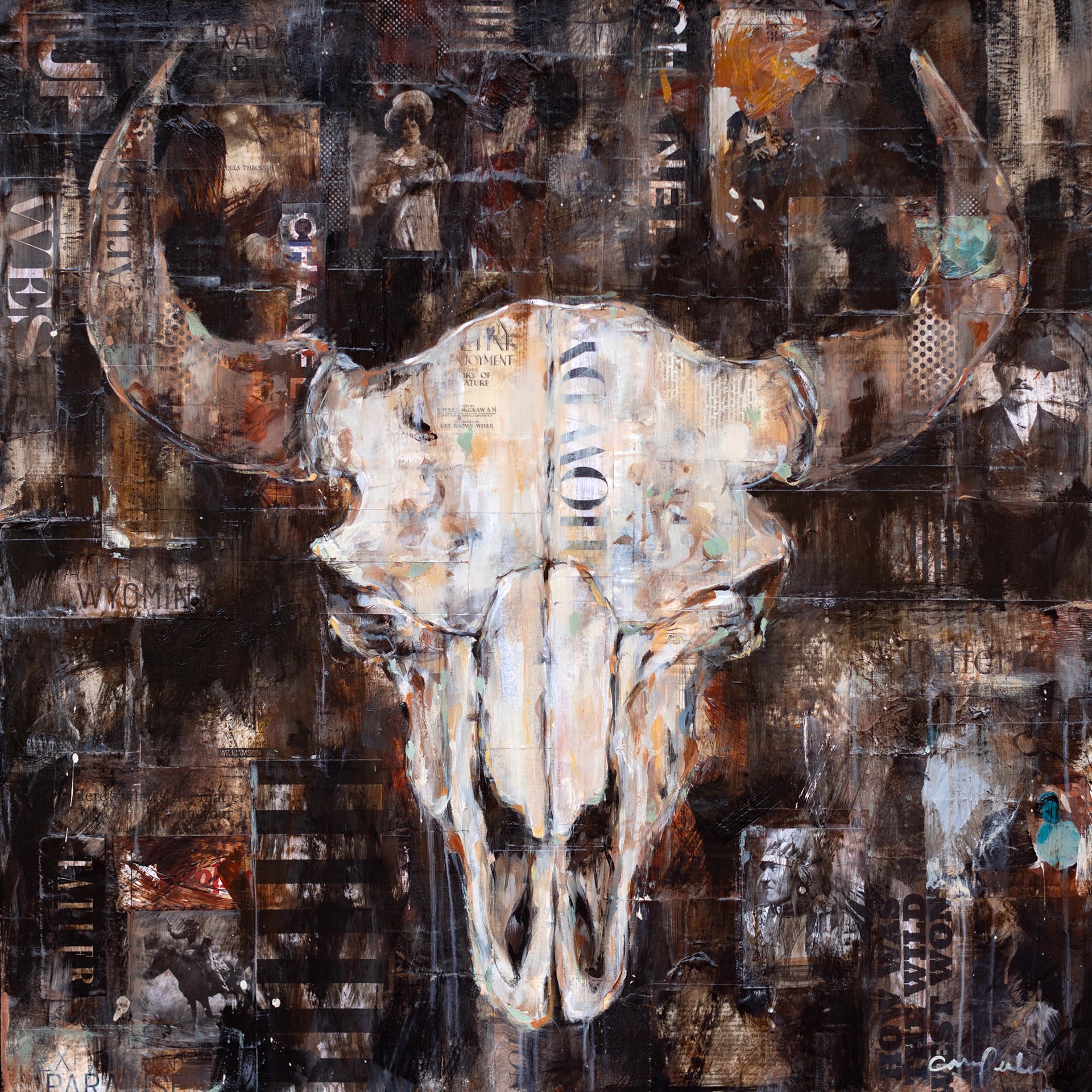 Original Mixed Media Painting By Carrie Penley Featuring A Cow Skull On Black Background