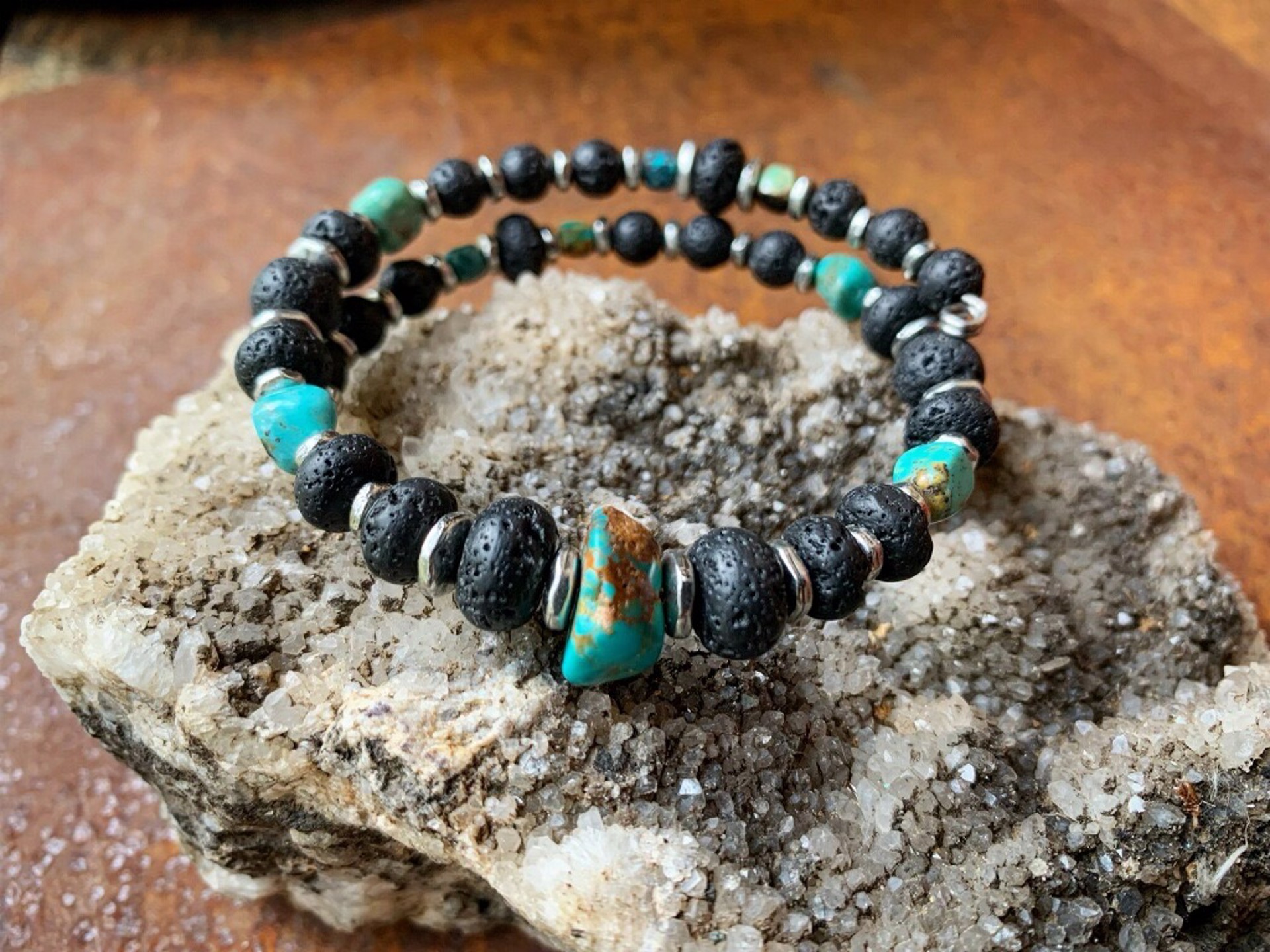 K758 Custom men's Lava Rock & Turquoise bracelet by Kelly Ormsby