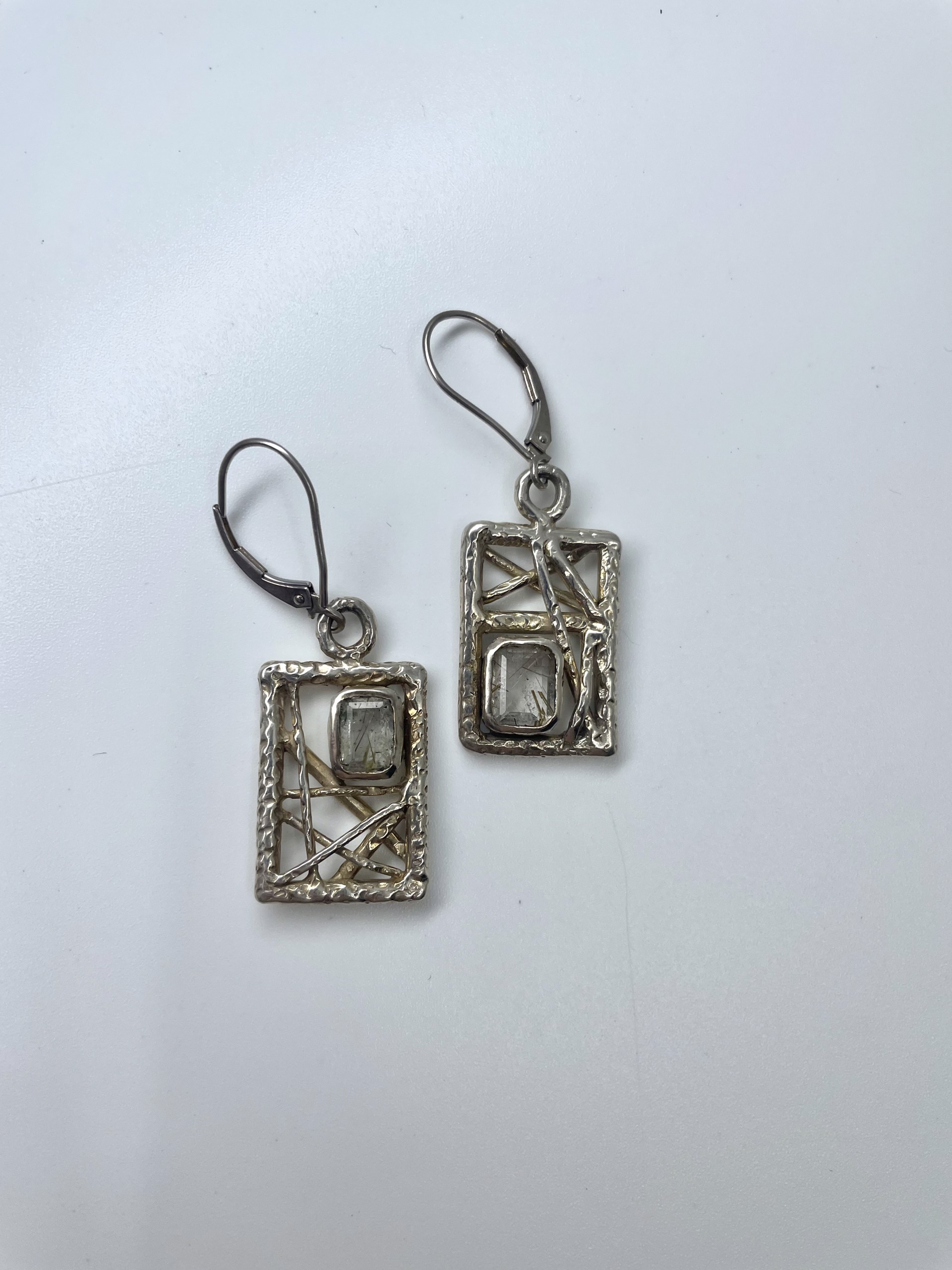 Detailed Rectangular Earrings with Clear Stone by Beth Benowich