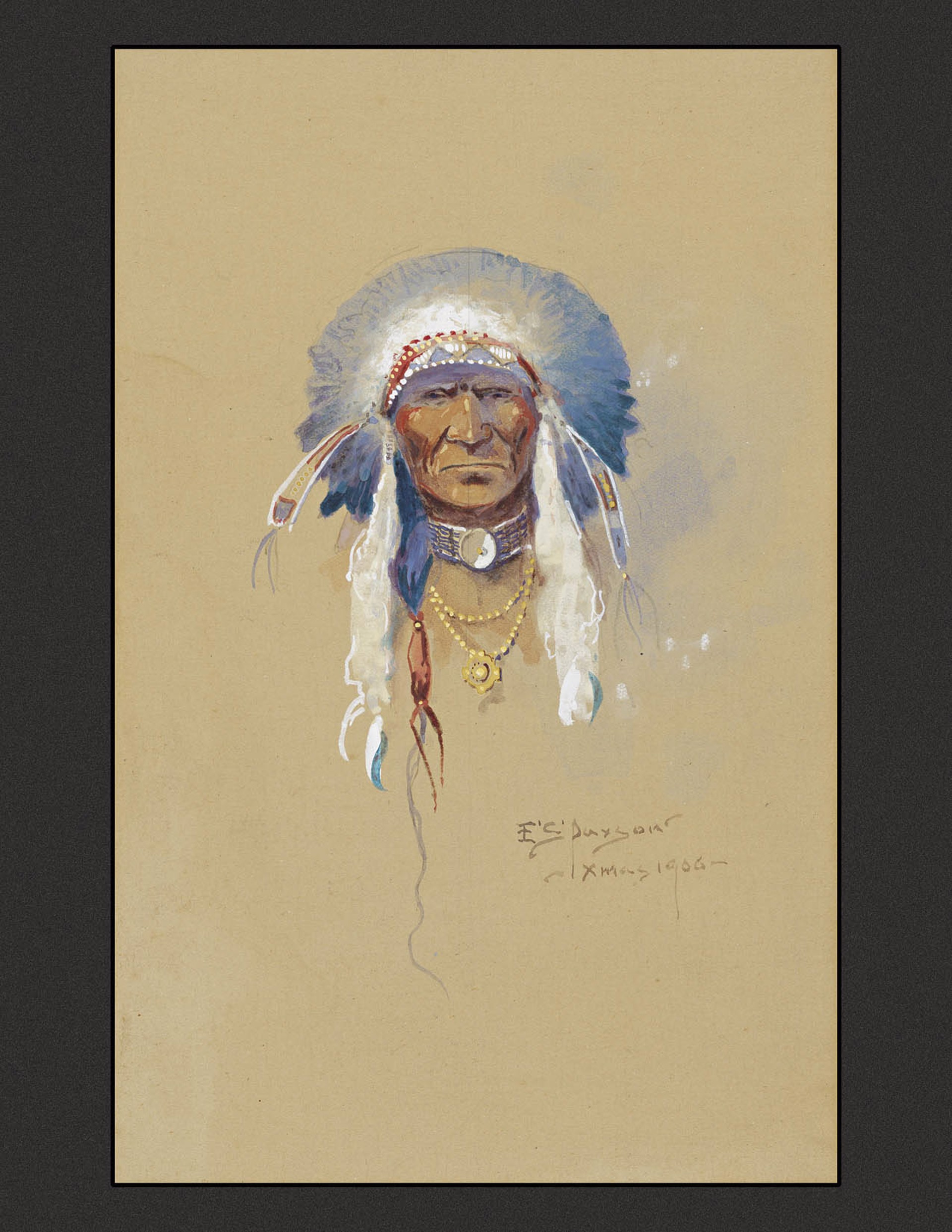 Christmas 1906 Indian Chief Head by Edgar Samuel Paxson