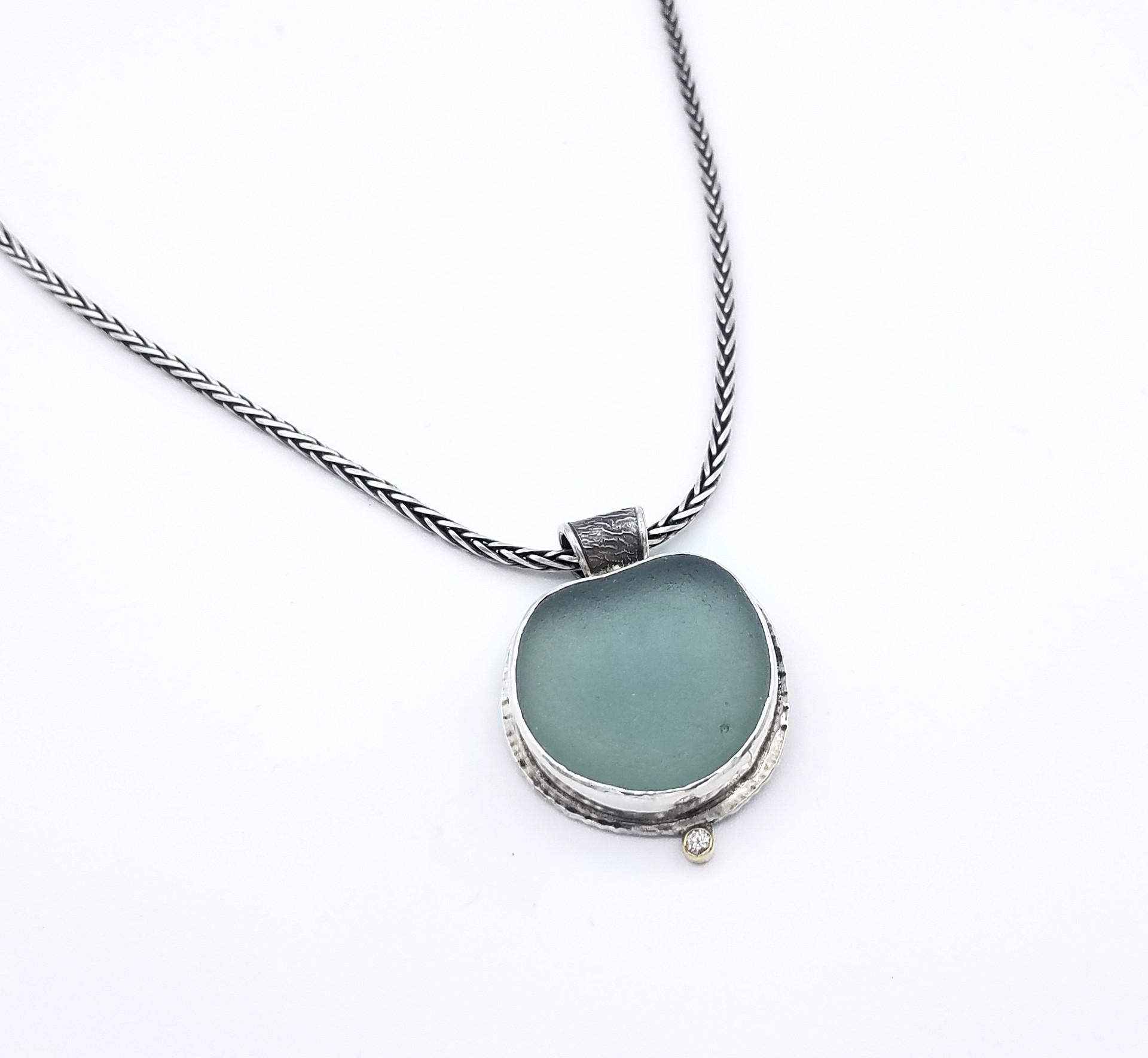 "Rain" Aqua Seaglass Necklace with Diamond by Judith Altruda