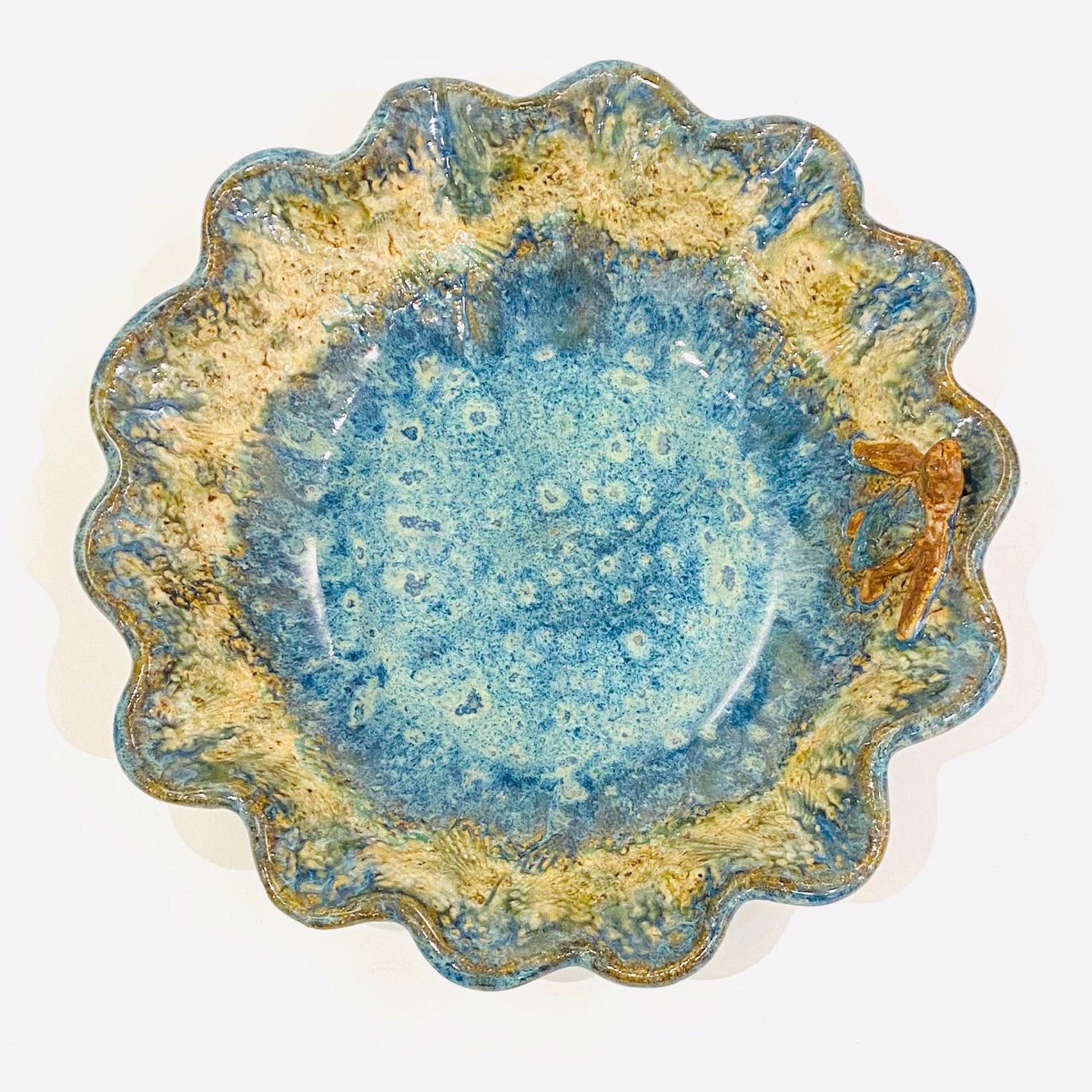 LG22-898 Medium Round Scalloped Bowl with Turtle (Blue Glaze) by Jim & Steffi Logan