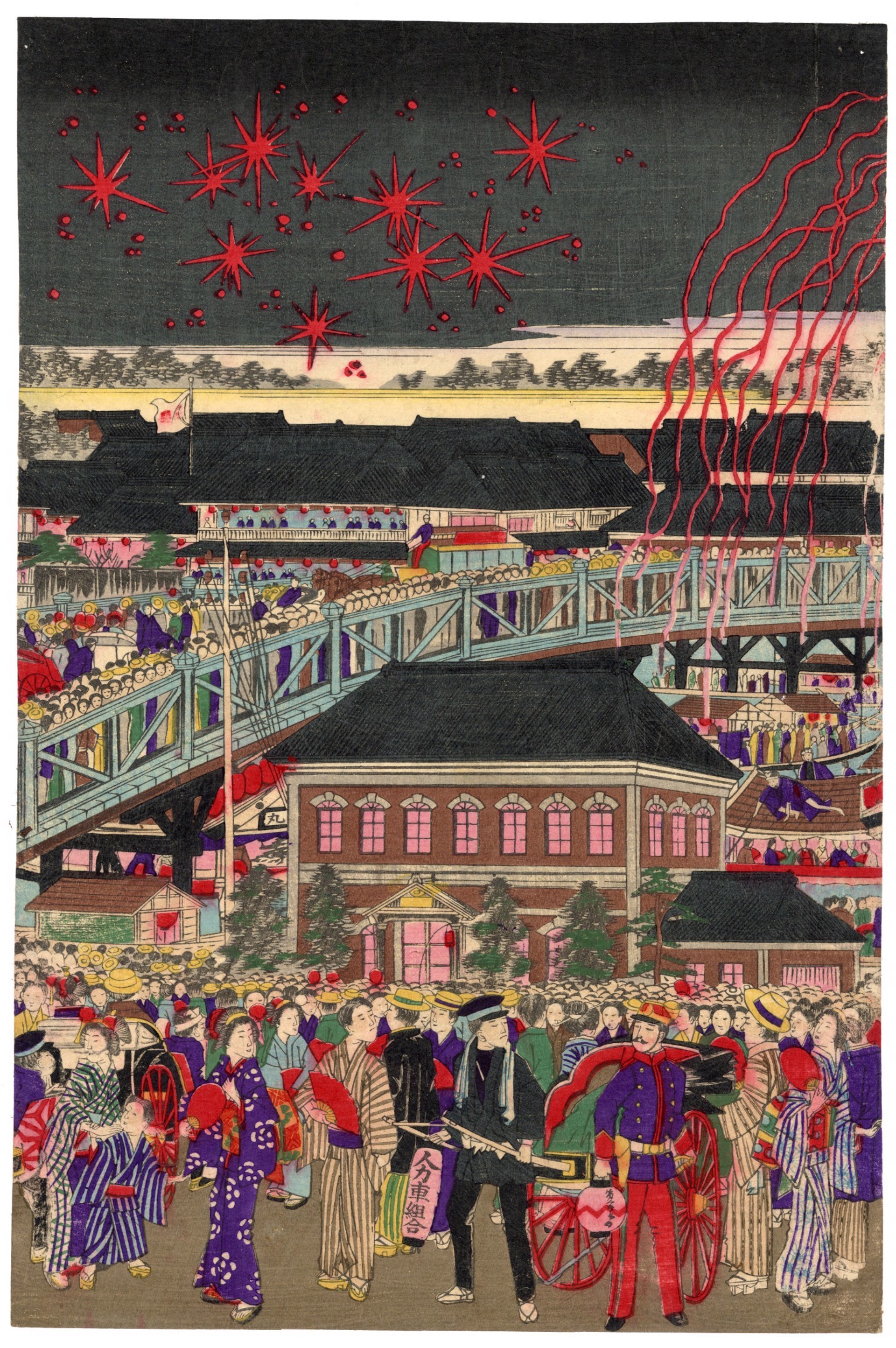 Great Fireworks Display at the Tokyo Ryogoku Bridge River Festival by Shunkyo (act. 1880 - 1900)