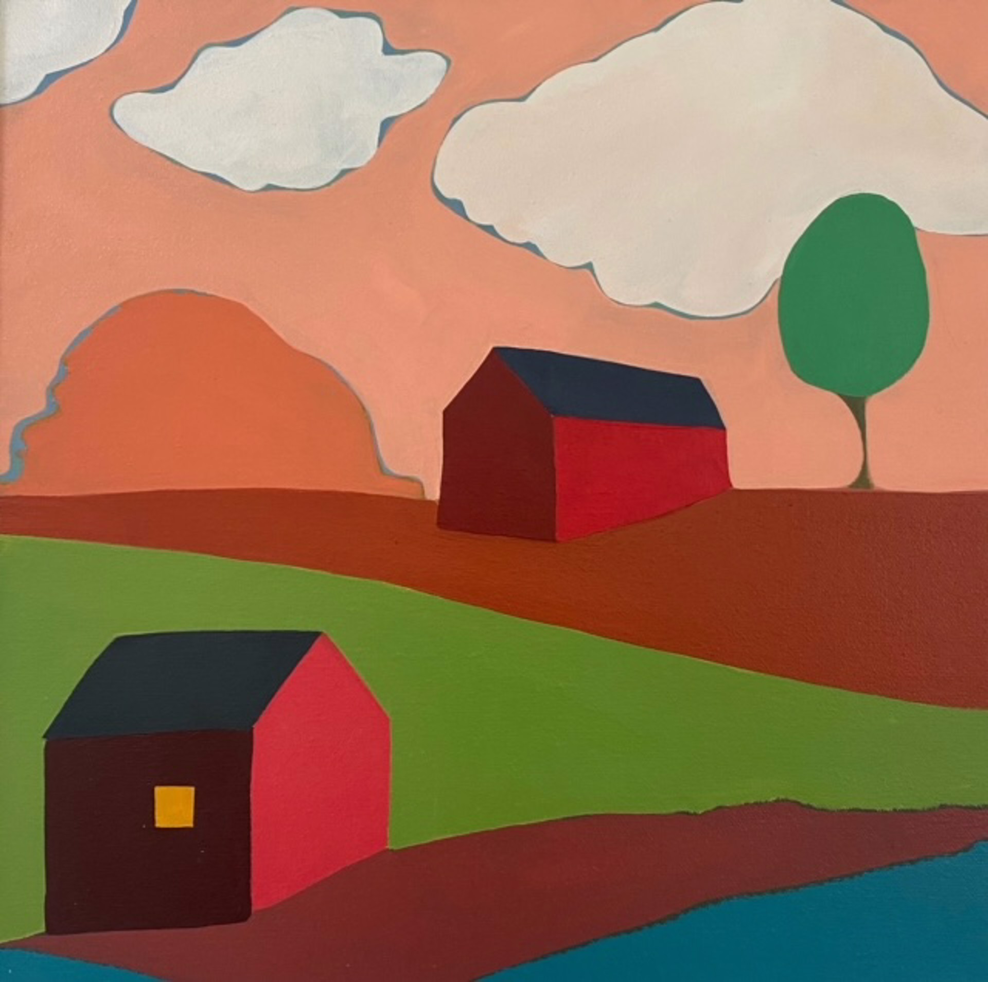 Red Barn and Red House with a Tree and River by Sage Tucker-Ketcham