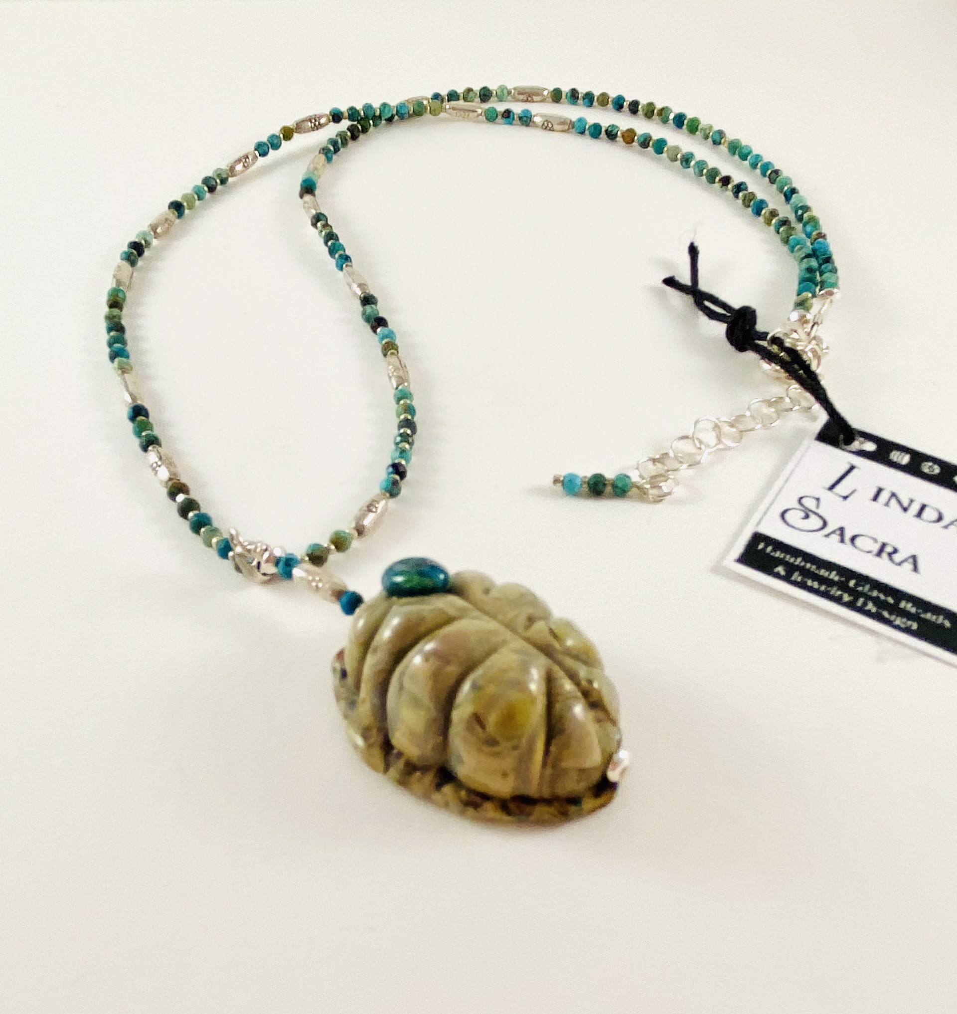 #377 Turtle Shell Pendant, Turquoise and Sterling Necklace by Linda Sacra