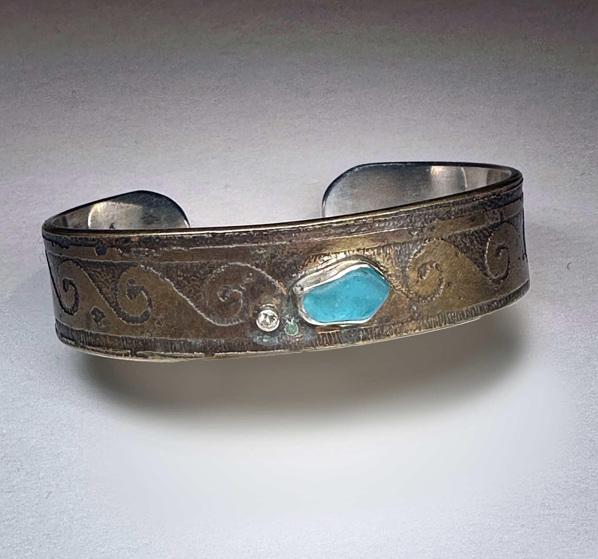 Adriatica Etched Cuff with Teal Sea Glass and Diamond by Judith Altruda