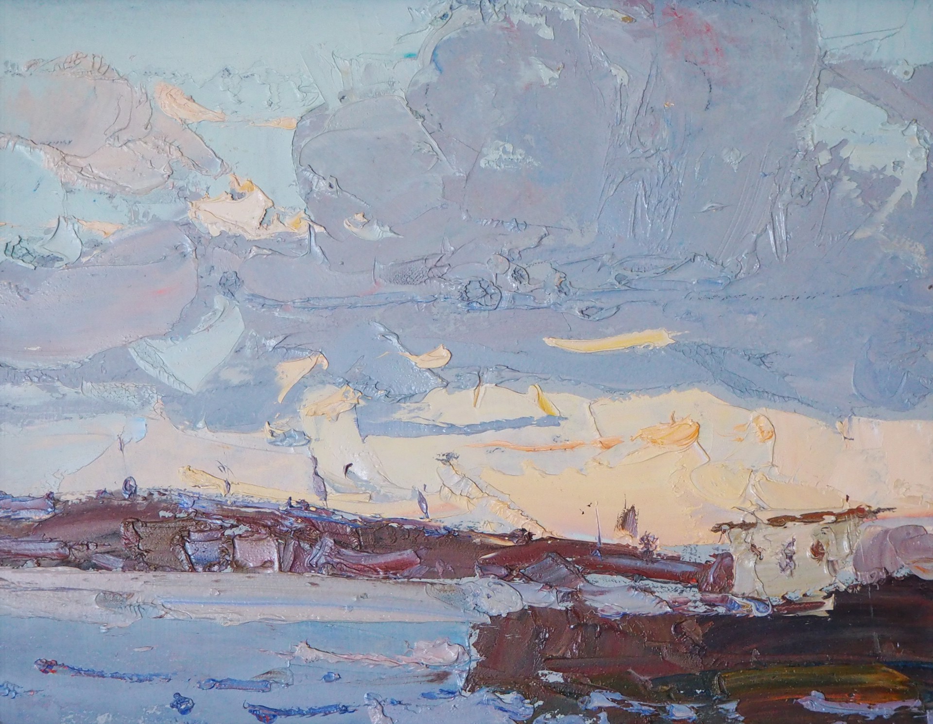 "At the Pier, Evening" original oil painting by Daniil Volkov