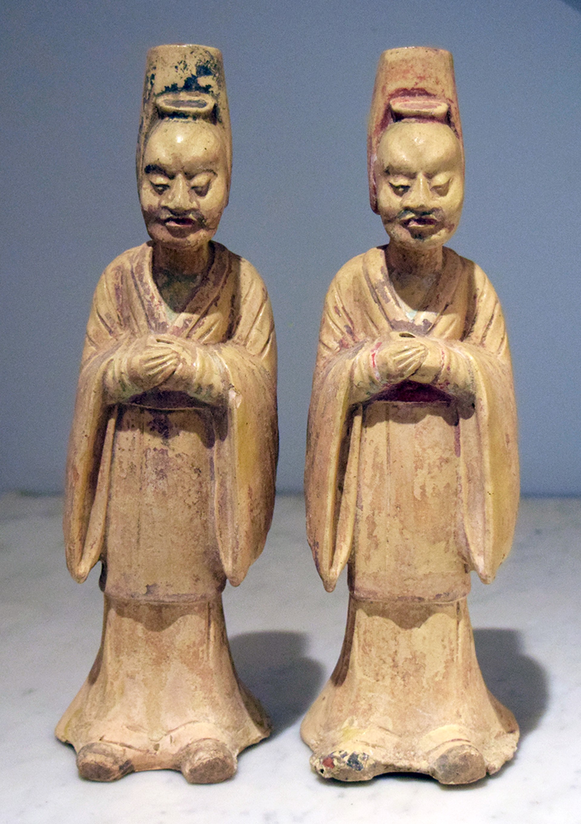 PAIR OF STRAW-GLAZED POTTERY FIGURES OF STANDING OFFICIALS