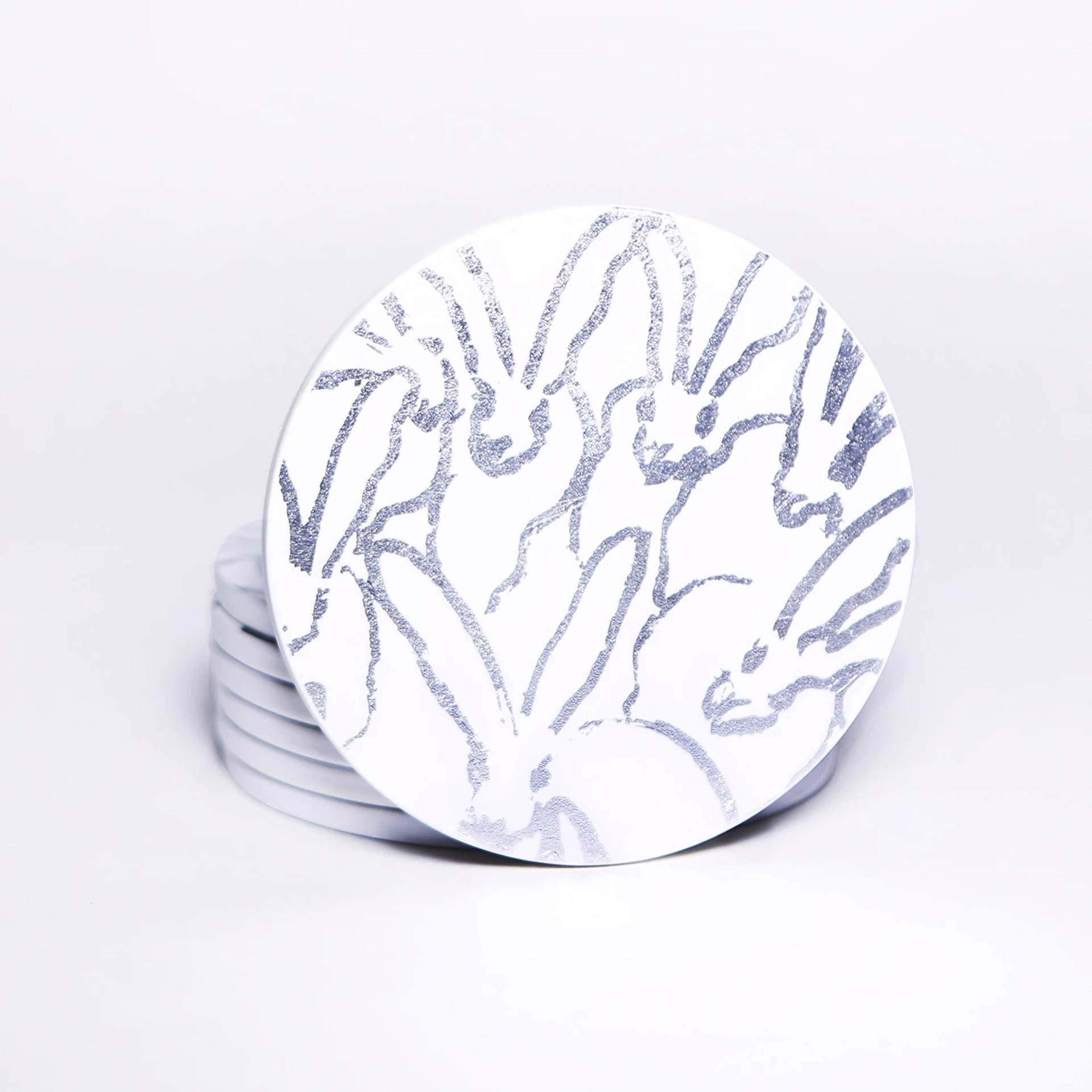 Rabbit Run Lacquered Coaster Bag Bundle - Silver Leaf by Hunt Slonem (Hop Up Shop)