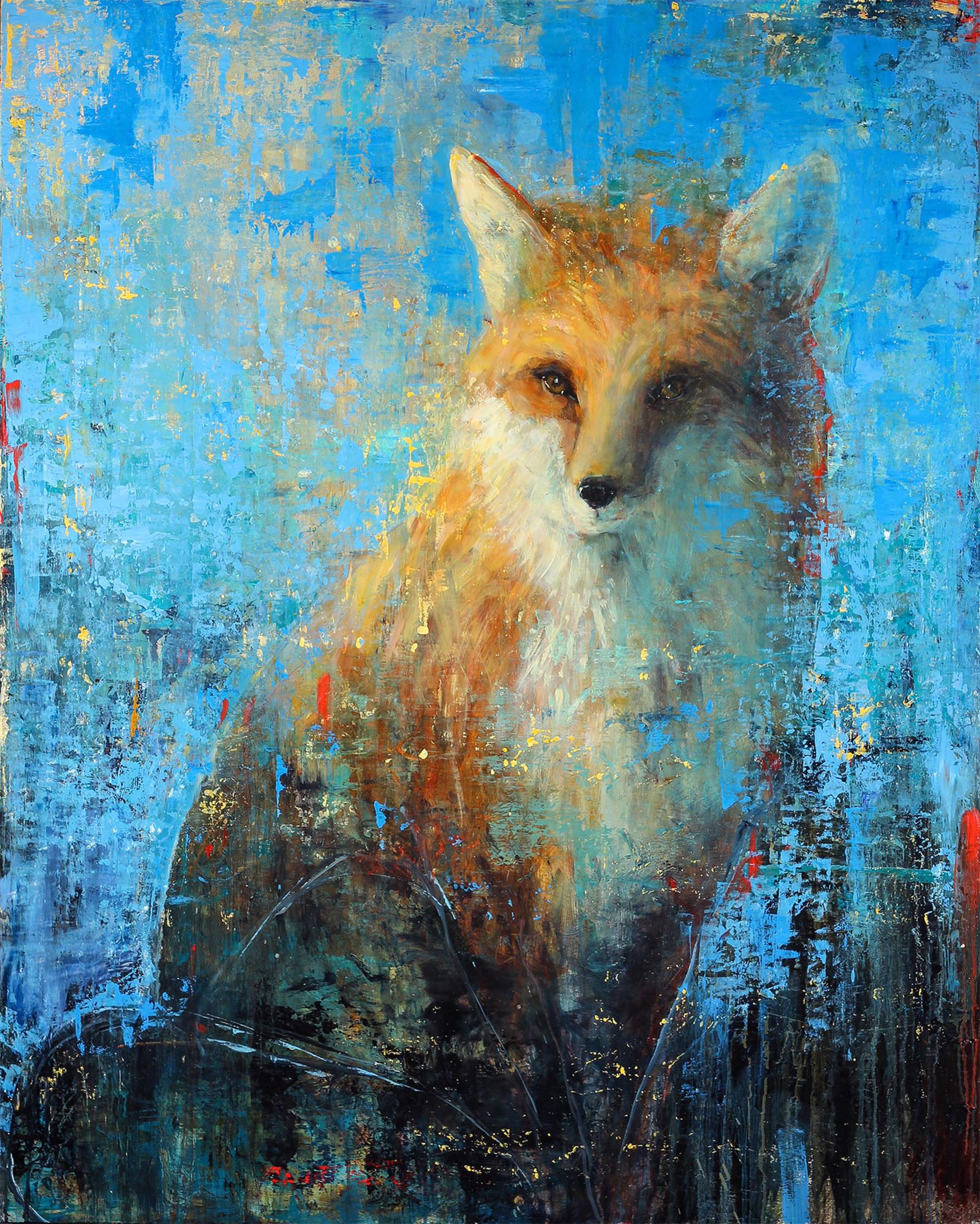 A Painting Of A Red Fox With A Contemporary Blue Background, By Matt Flint, Available AT Gallery Wild