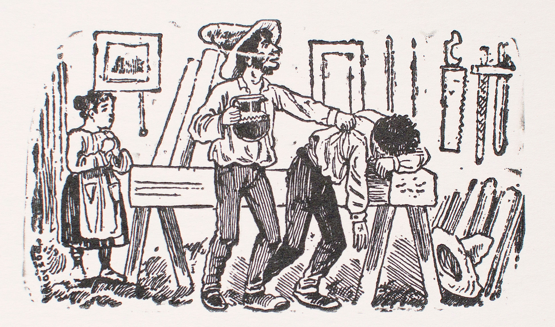 A man with a pitcher in his hand tapping the shoulder of another man resting on wooden beam by José Guadalupe Posada