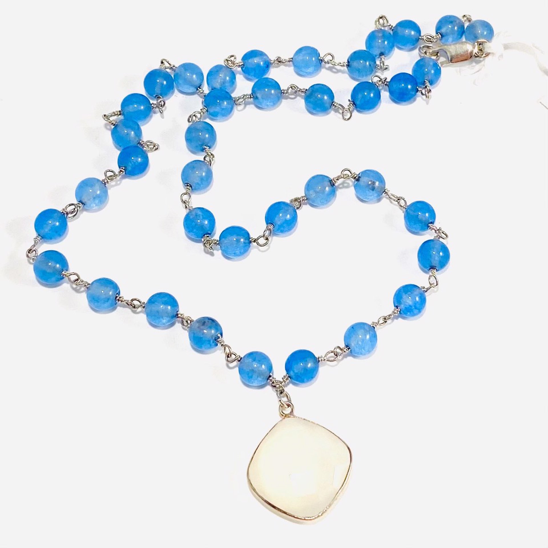 NT22-148 Round Blue Jade Chain Faceted White Chalcedony Necklace by Nance Trueworthy