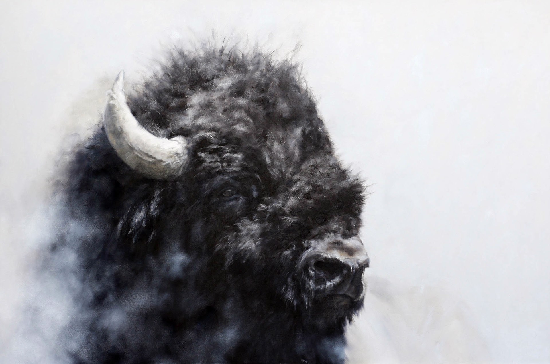Original Oil Painting Featuring A Bison Head Fading Into White Snowy Background