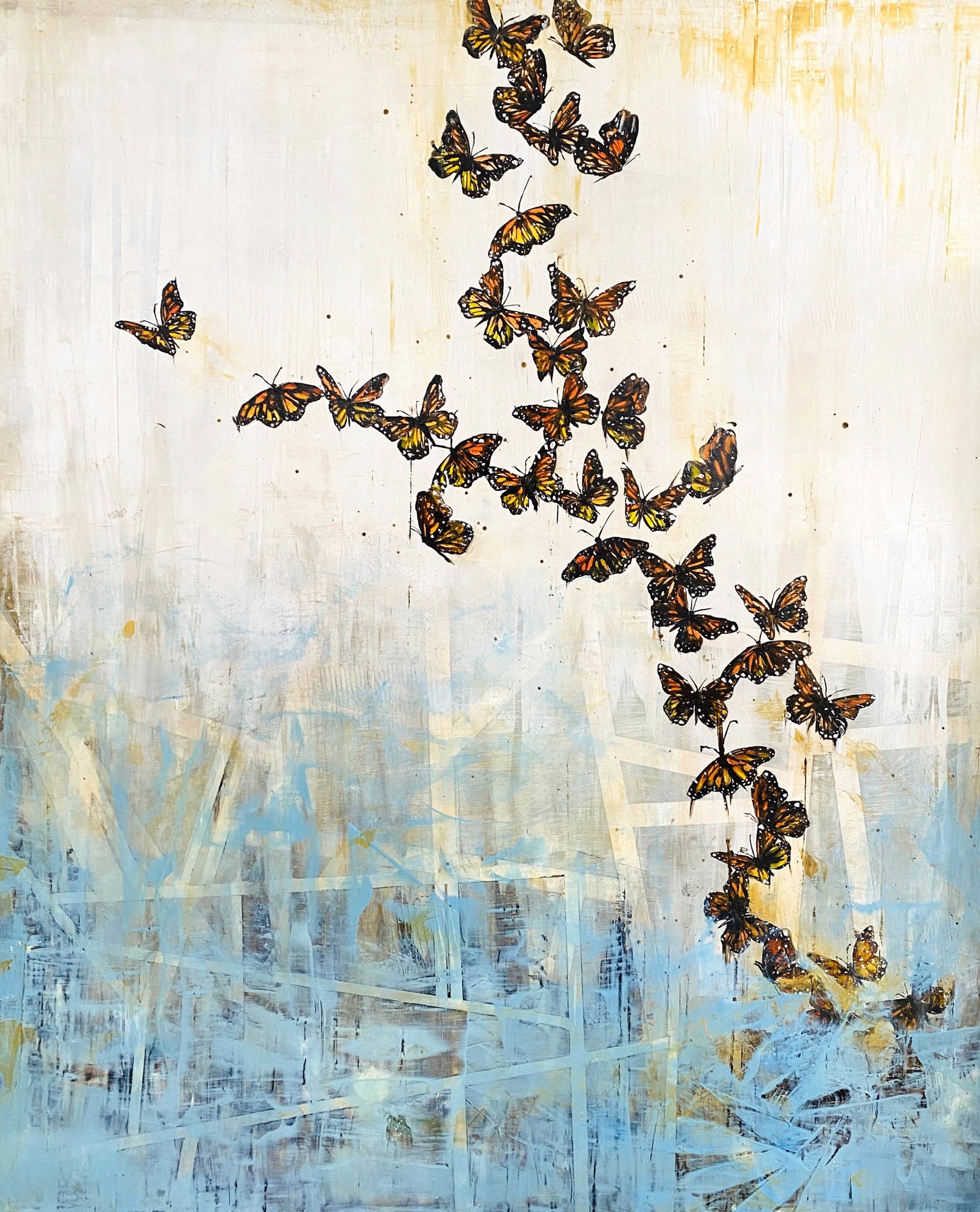 Original Oil Painting Featuring A Flurry Of Monarch Butterflies Over Abstract Blue Background