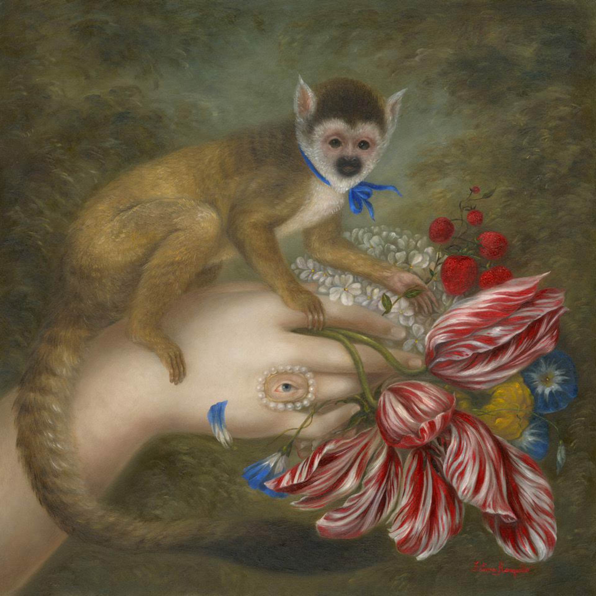 Hand with Squirrel Monkey and Lover’s Eye by Fatima Ronquillo
