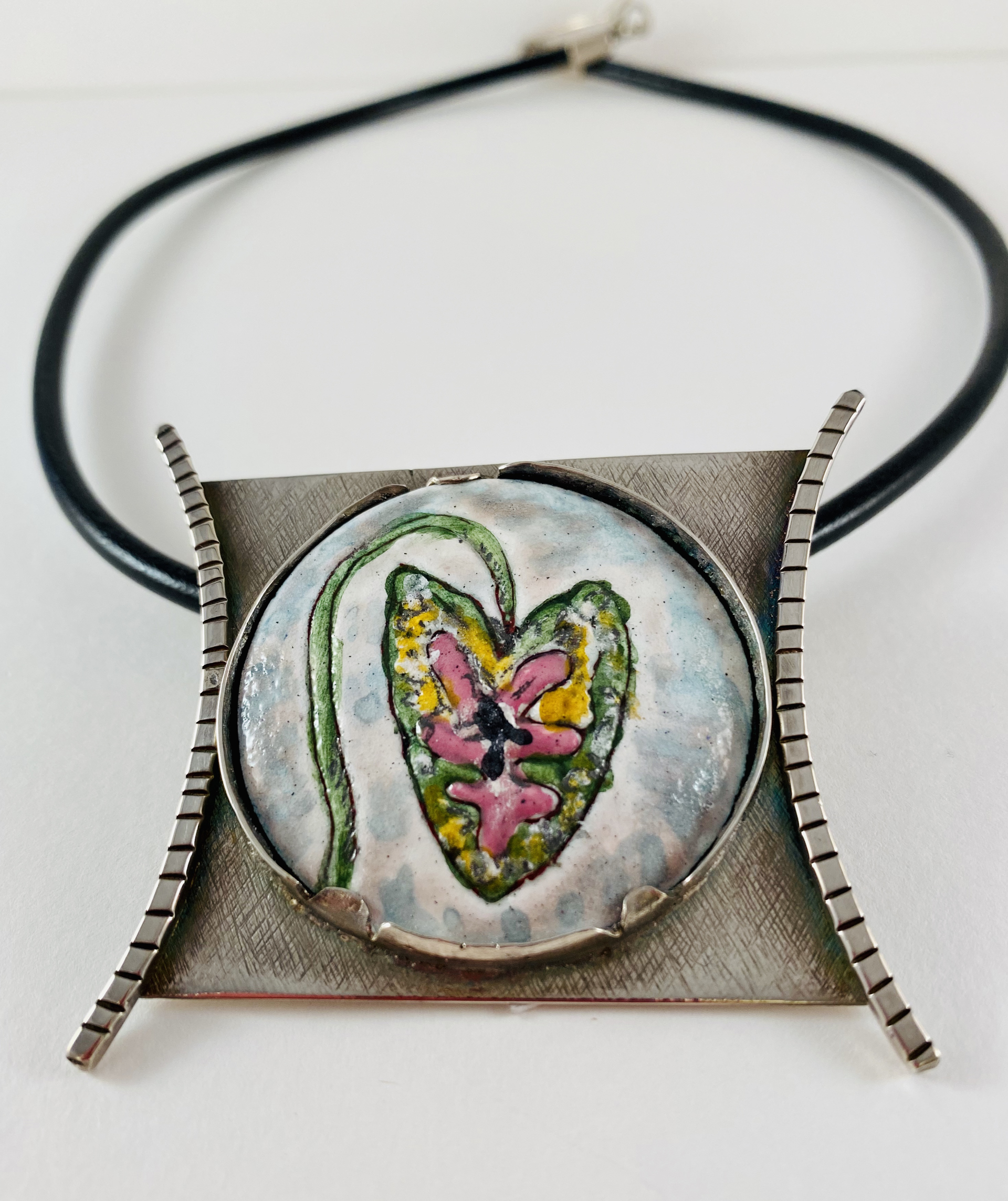 Sterling and Torch Fired Enamel Pendant on leather by Anne Bivens