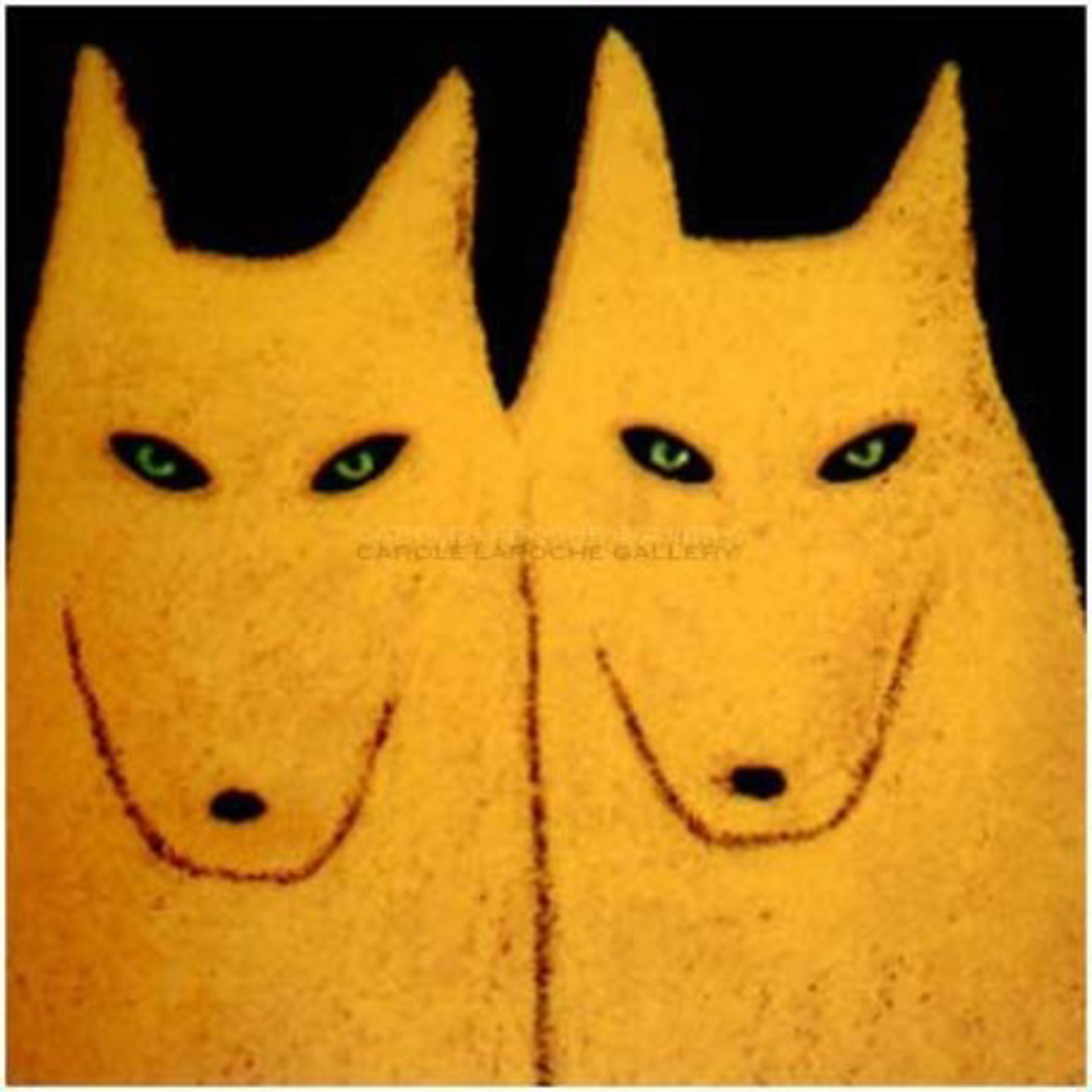 TWO YELLOW  WOLVES - limited edition giclee on paper w/frame size of 21"X21" by Carole LaRoche