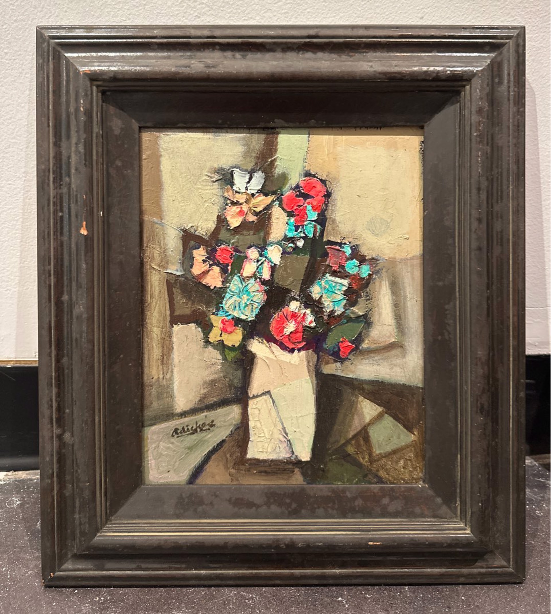 Cubist Vase, Red & Turquoise Flowers by David Adickes