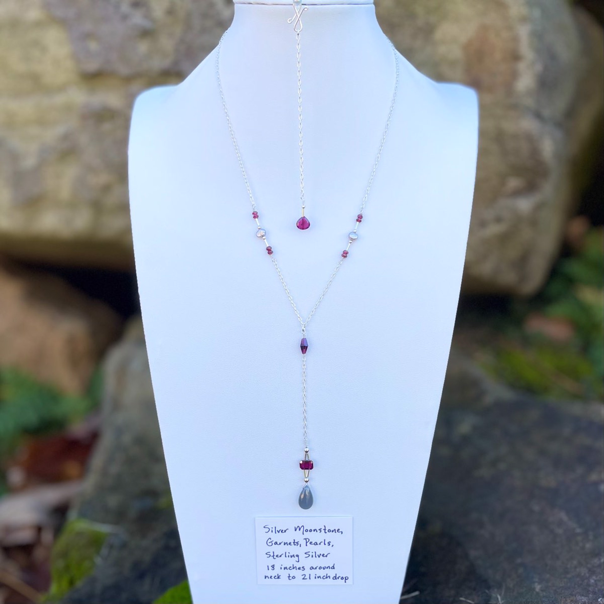 Silver Moonstone, Garnets, Pearls, and Sterling Silver Necklace Infinity Pendant Set by Lisa Kelley
