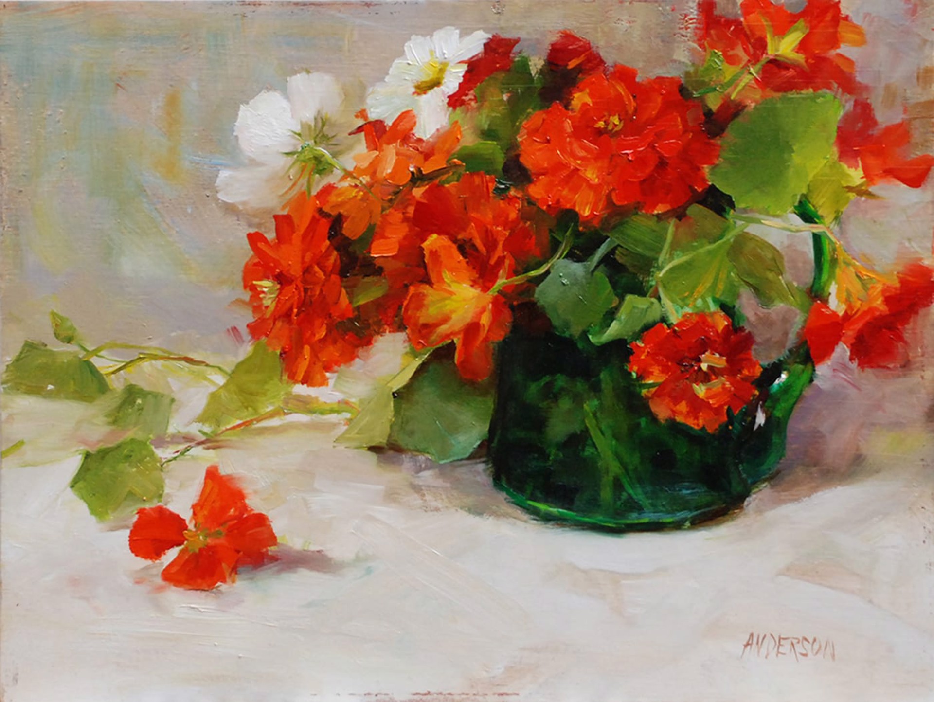 Summer Red Zinnias by Kathy Anderson