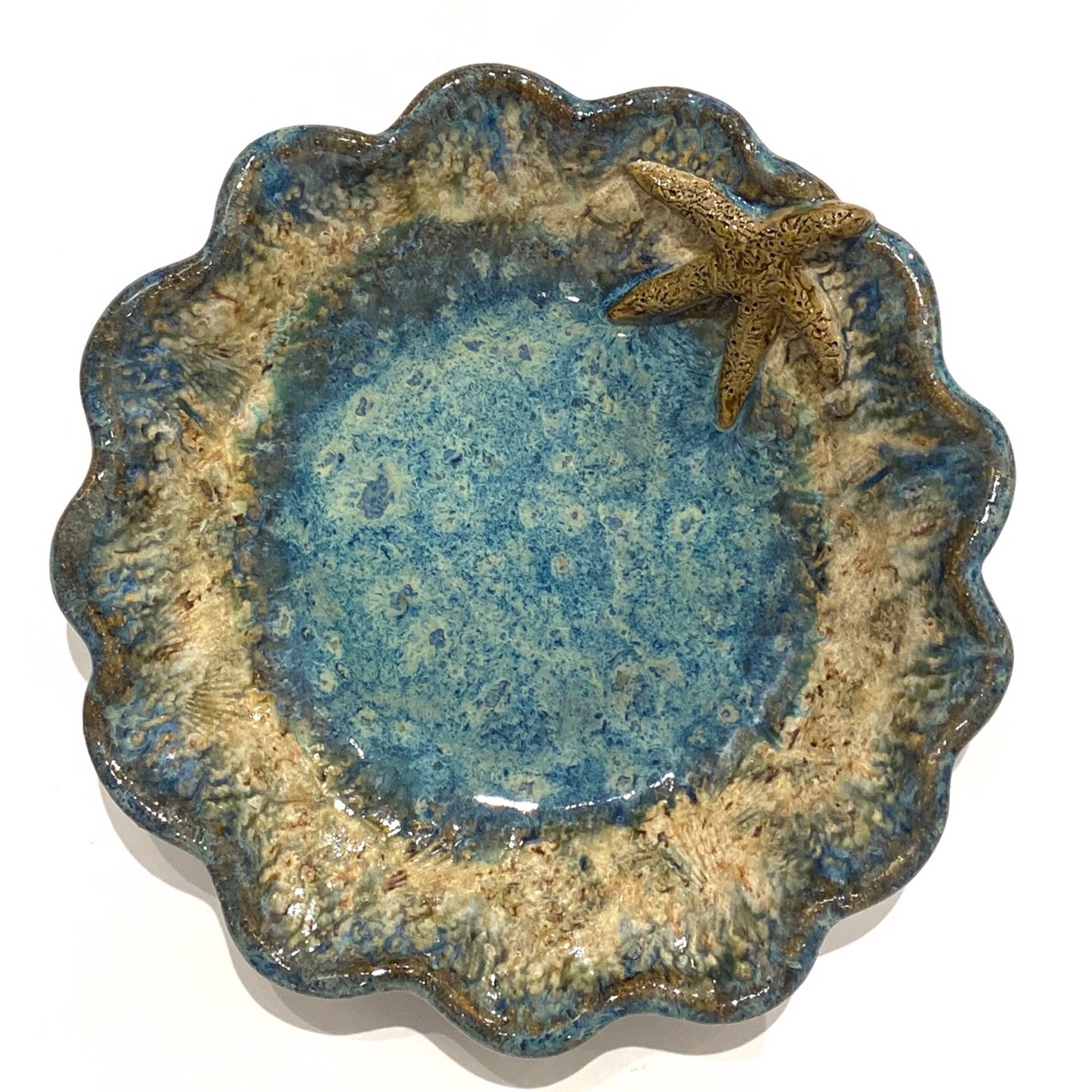 LG23-973 Small Round Scalloped Bowl with Starfish (Blue Glaze) by Jim & Steffi Logan