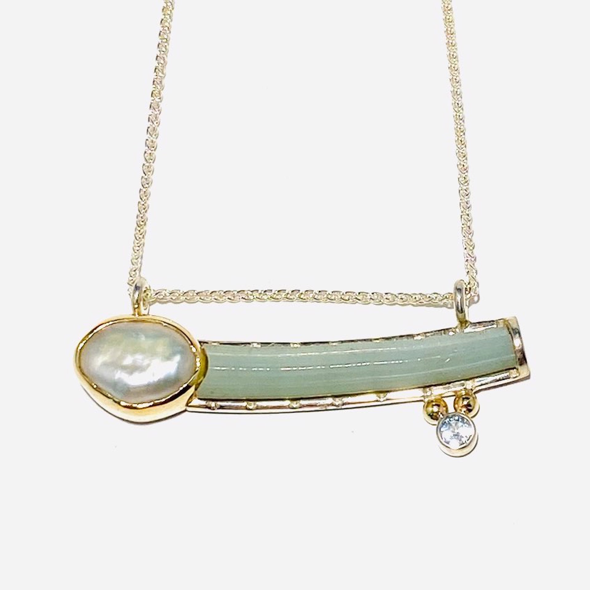 Tusk Shell Mother of Pearl Sky Blue Topaz Pendant on 18" Adjustable Silver Box Chain Necklace by Barbara Umbel