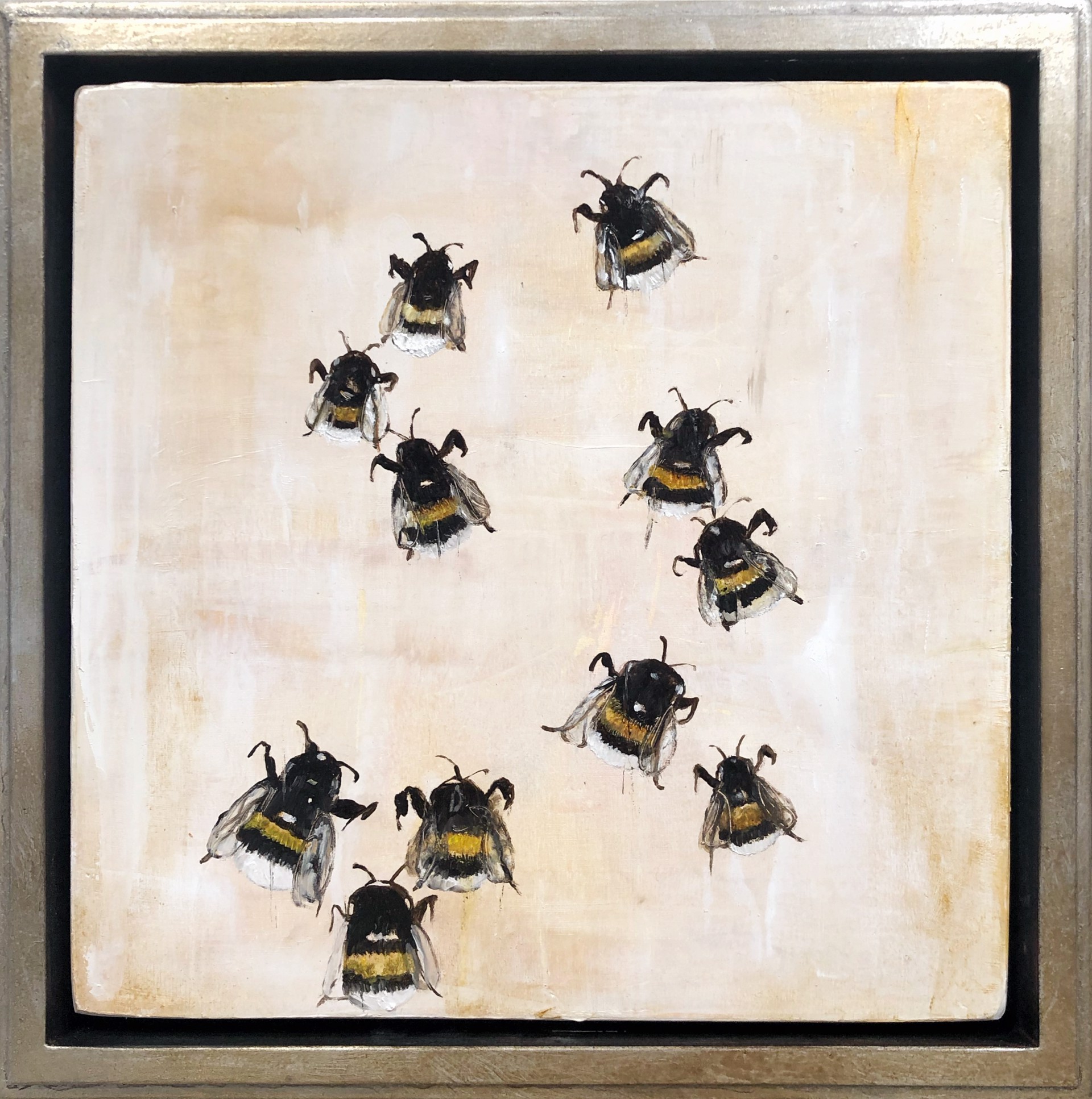 Oil Painting Of Bees On A Contemporary Warm Cream And White Background With A Warm Silver Frame, By Jenna Von Benedikt