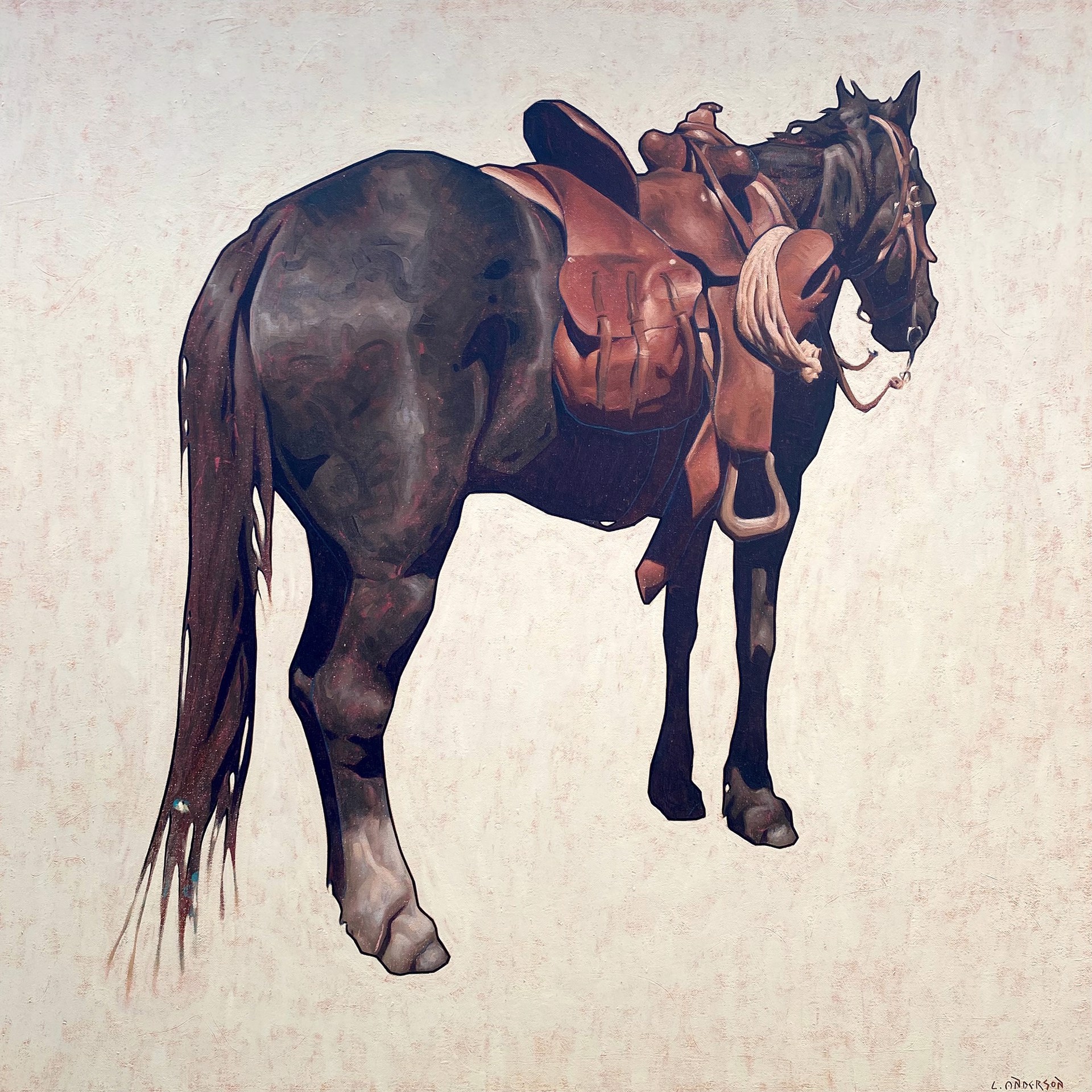Original Oil Painting By Luke Anderson Featuring A Horse With A Saddle On Neutral Background