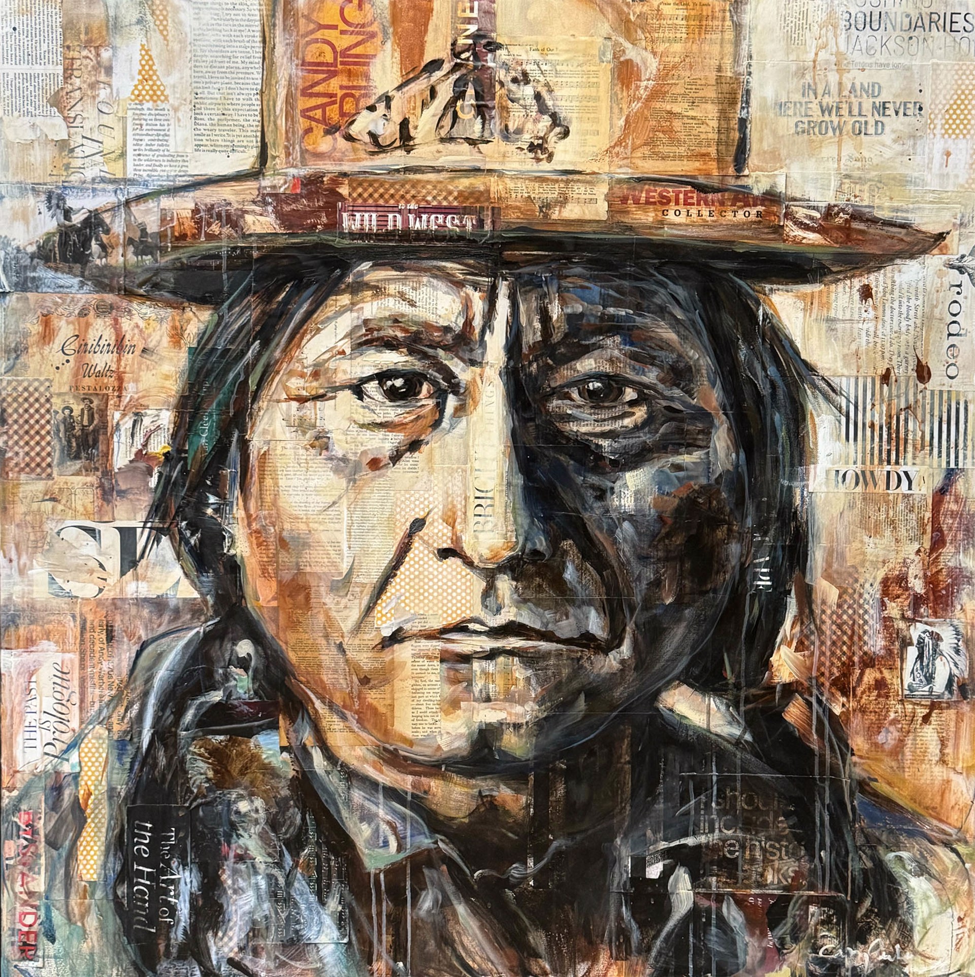 Original Mixed Media Painting by Carrie Penley Featuring Sitting Bull With Vintage Collage