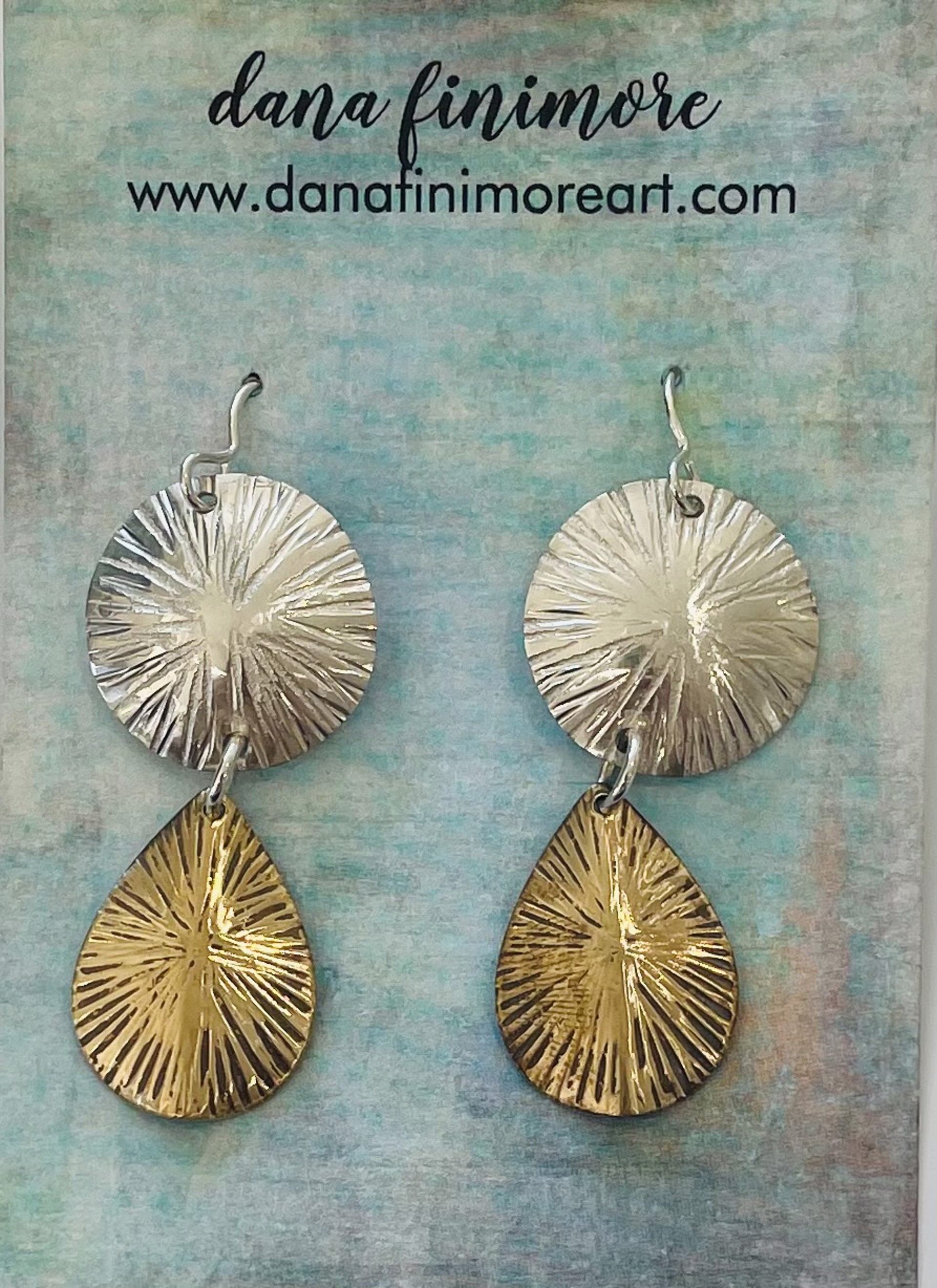 Textured Sterling Silver Dome & Brass Teardrop Earrings by Dana Finimore
