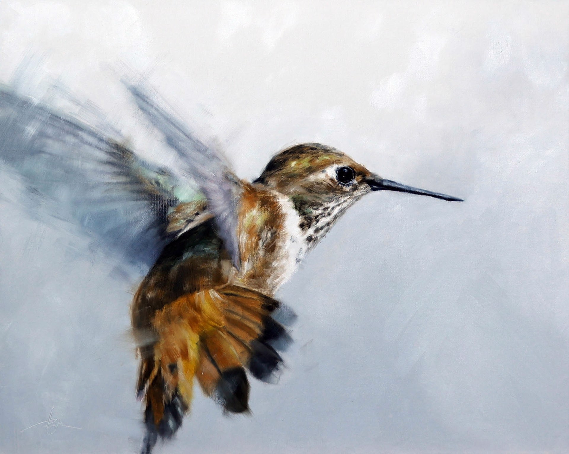 Original Oil Painting By Doyle Hostetler Featuring A Hummingbird In Flight In A Muted Color Palette