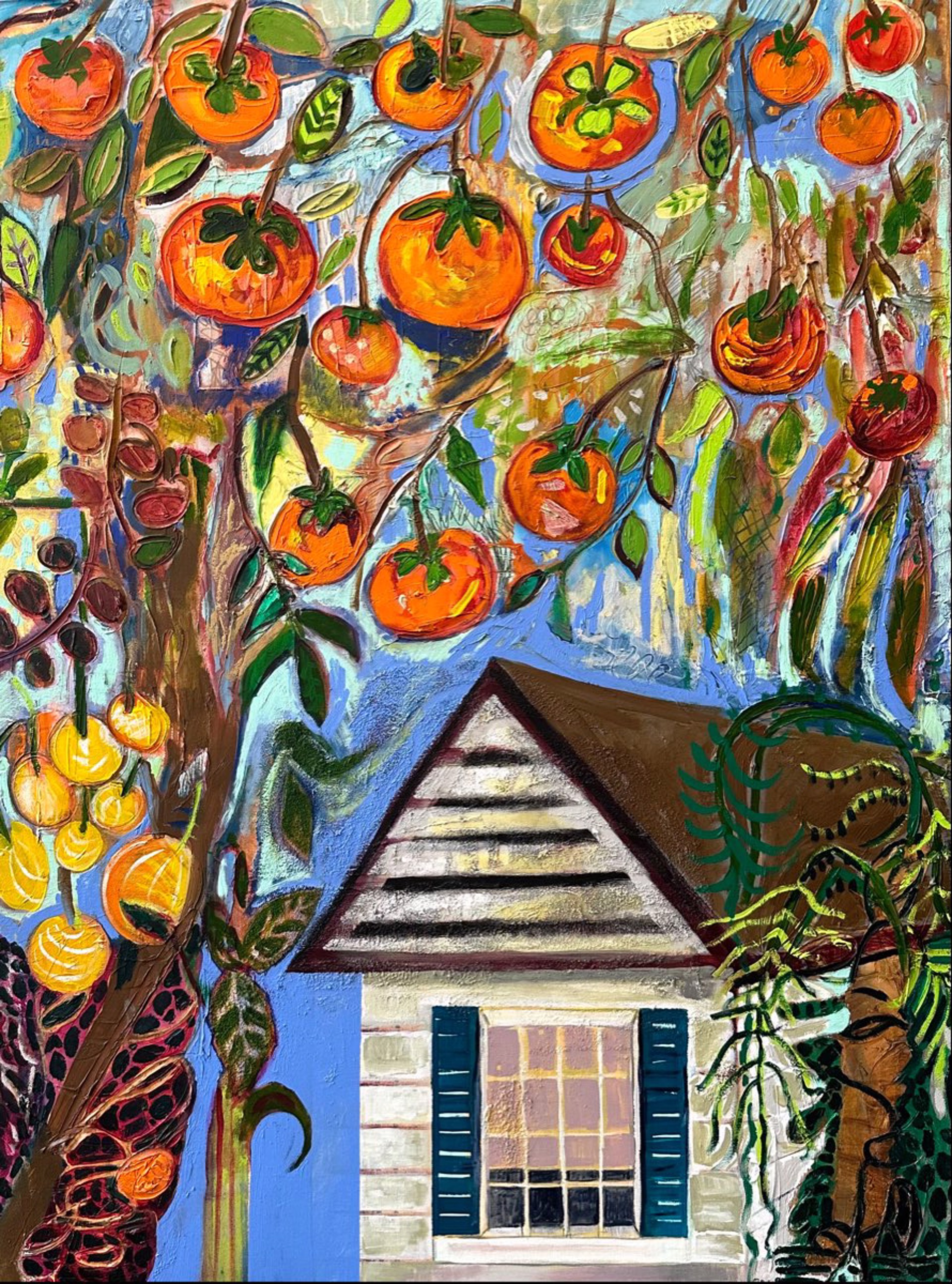 Persimmon over White Cottage by Mary Elizabeth Kimbrough